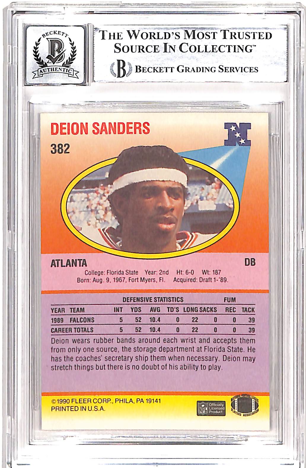 Deion Sanders Signed 1990 Fleer #382 Trading Card 10 Auto Beckett