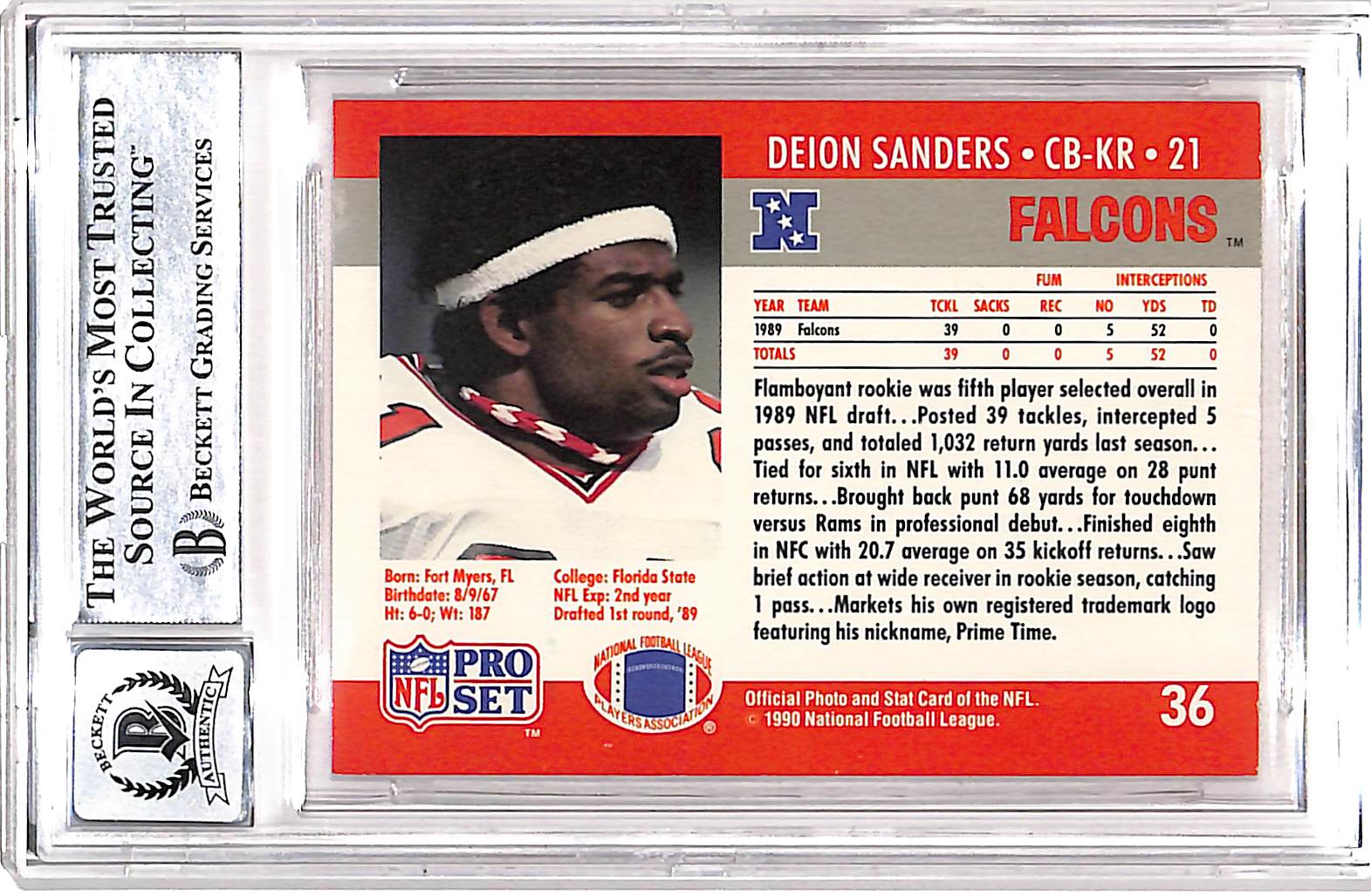 Deion Sanders Signed 1990 Pro Set #36 Card Grade 10 Auto Beckett