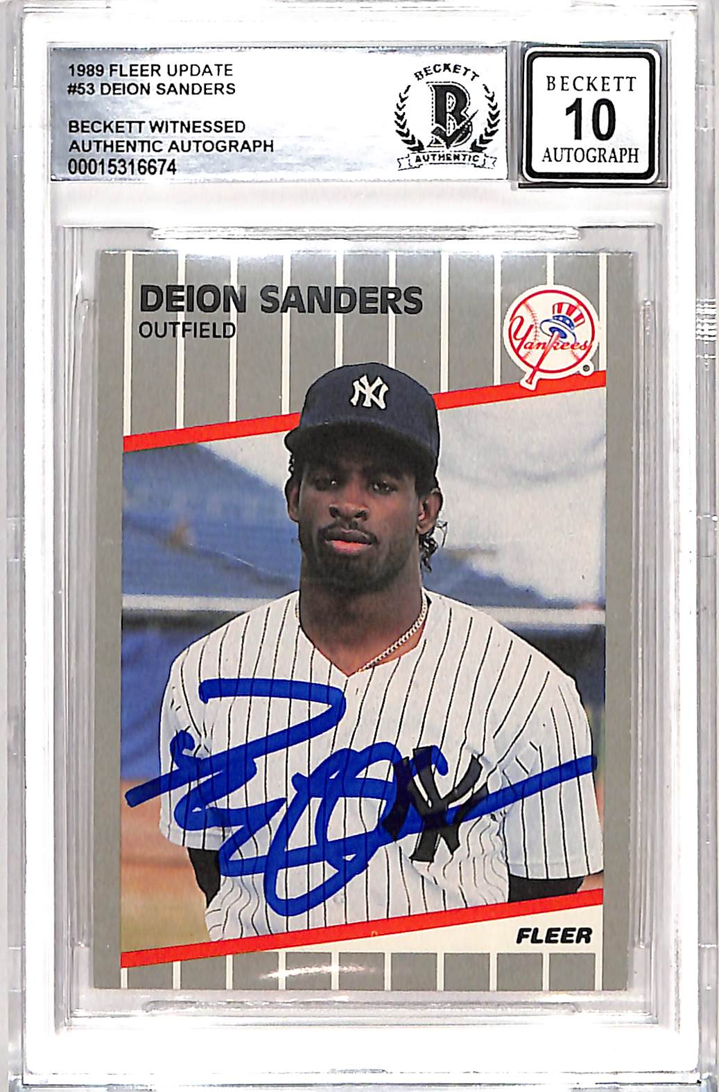 Deion Sanders Signed 1989 Fleer #U-53 Trading Card 10 Auto Beckett 