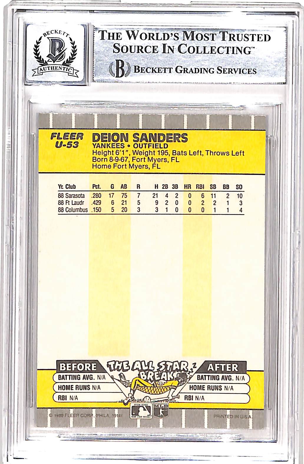 Deion Sanders Signed 1989 Fleer #U-53 Trading Card 10 Auto Beckett