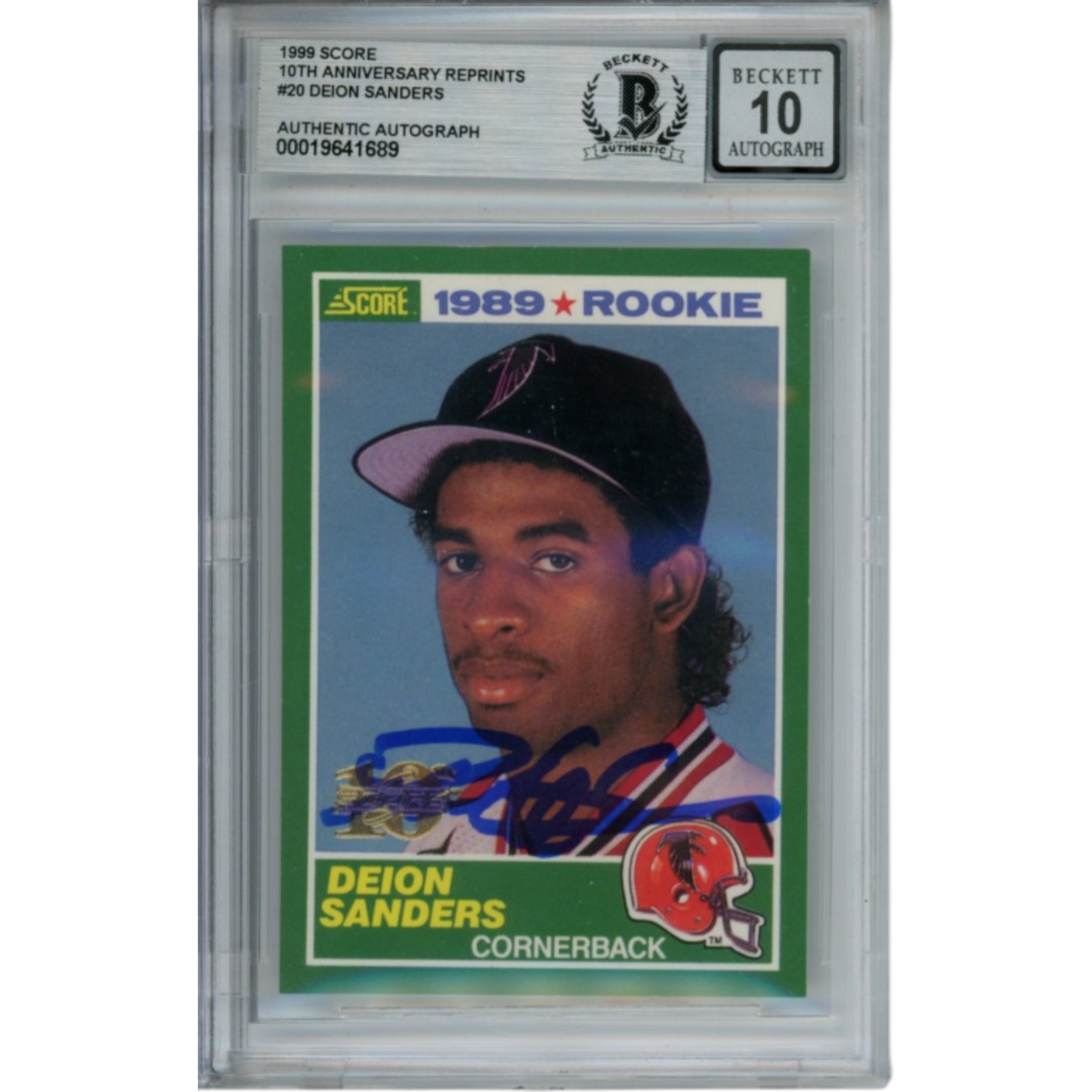 Deion Sanders Signed 1999 Score #246 10 yr anniv Slab Trading Card Beckett 53344
