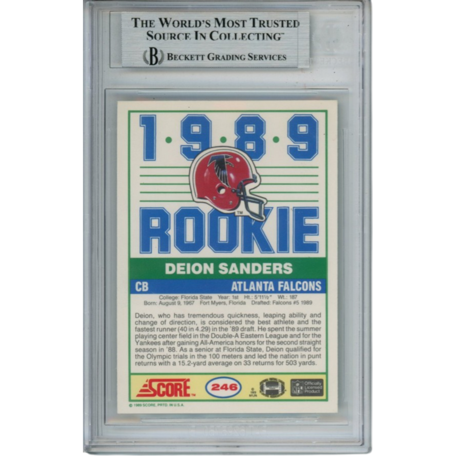 Deion Sanders Signed 1989 Score #246 Primetime Slab Trading Card Beckett 53337 2 Deion Sanders Signed 1989 Score #246 Primetime Slab Trading Card Beckett 53337