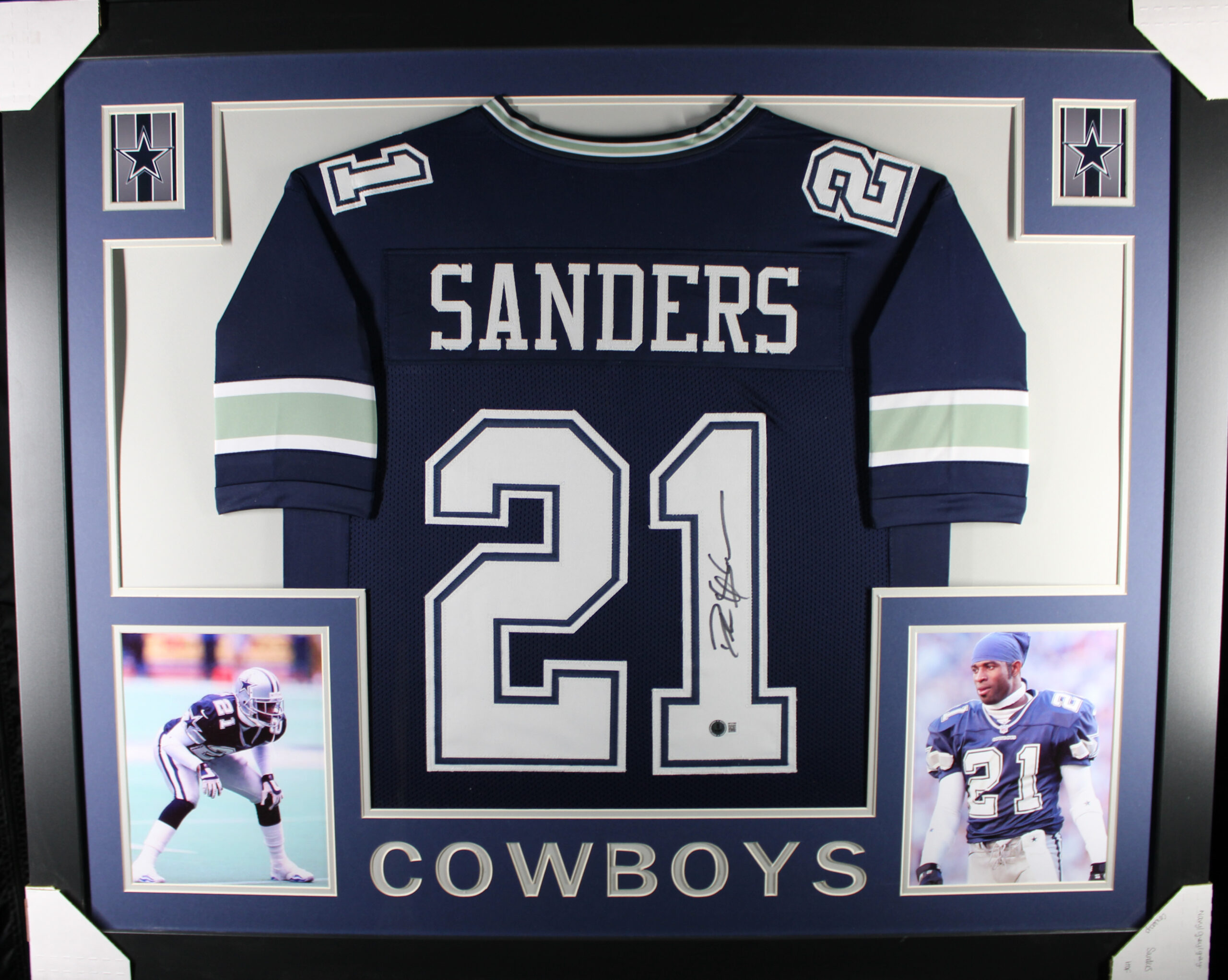 Deion Sanders Autographed Pro Style Sz XL Blue Framed Jersey 35x43 Beckett 57309