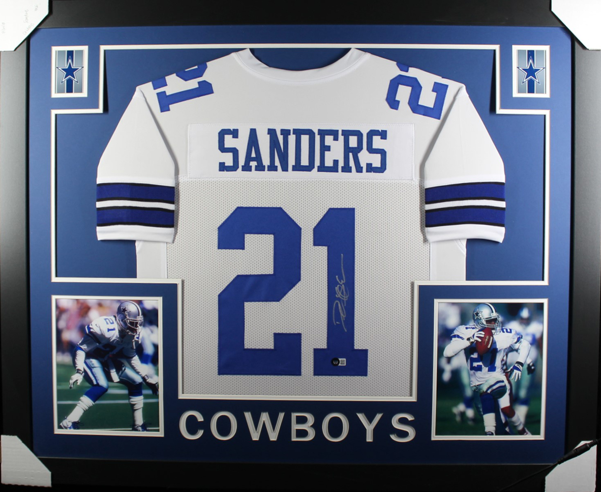 Deion Sanders Autographed/Signed Pro Style Framed White XL Jersey BAS