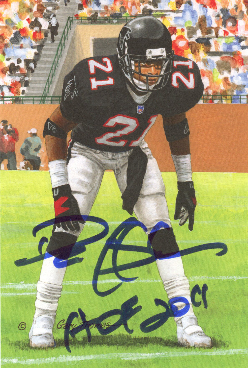 Deion Sanders Autographed Atlanta Falcons Goal Line Art Card Blue HOF