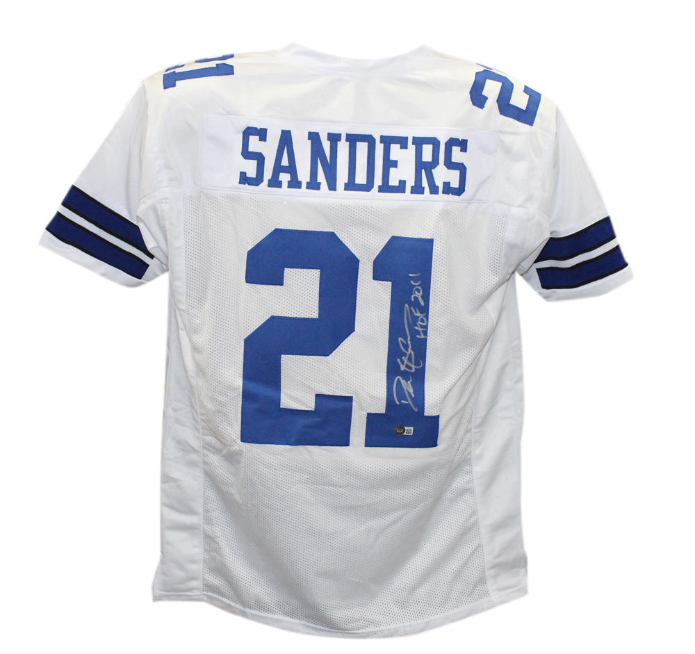 Deion Sanders Autographed/Signed Pro Style White Jersey Beckett