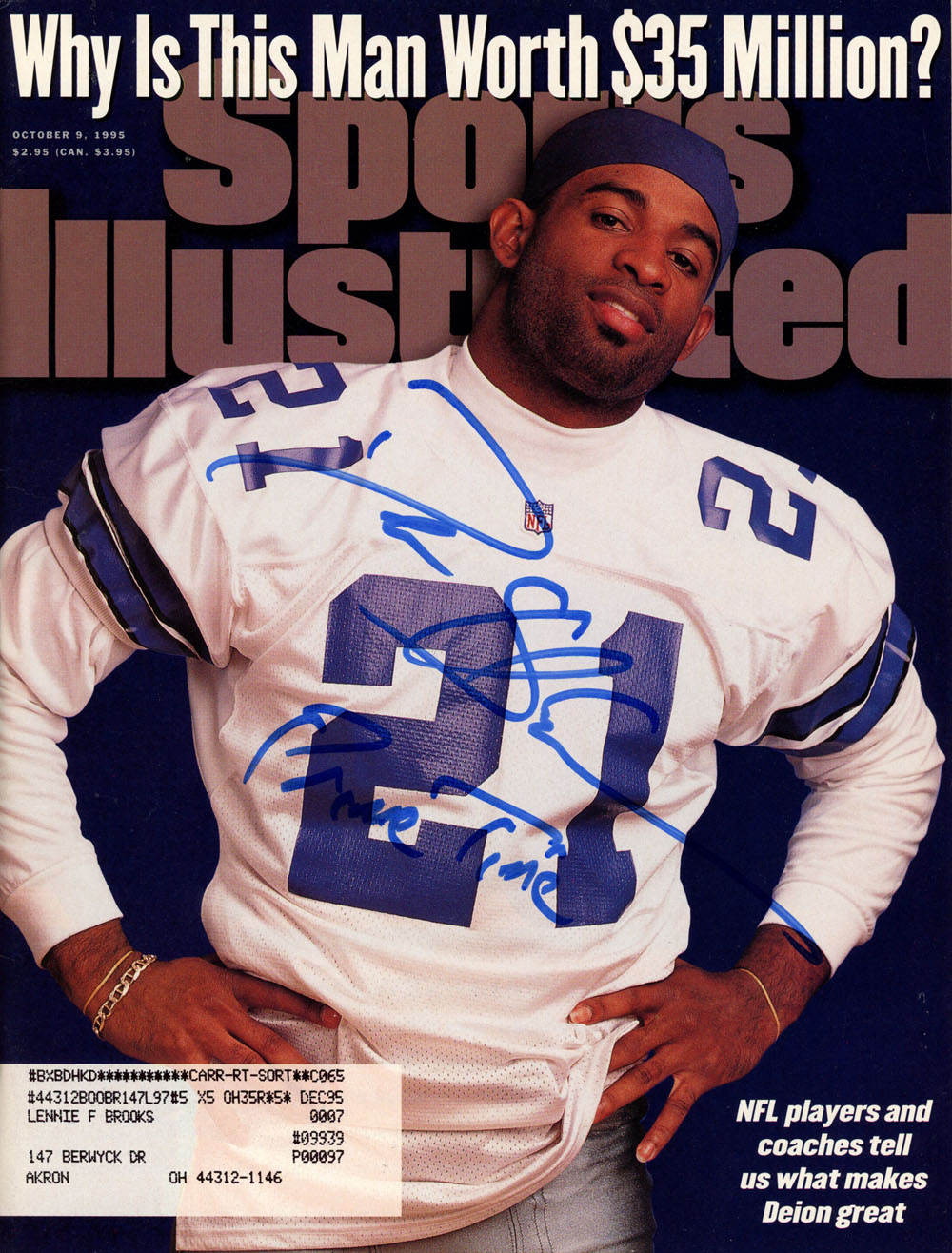 Deion Sanders Signed Sports Illustrated Magazine 10/9/1995 Primetime JSA