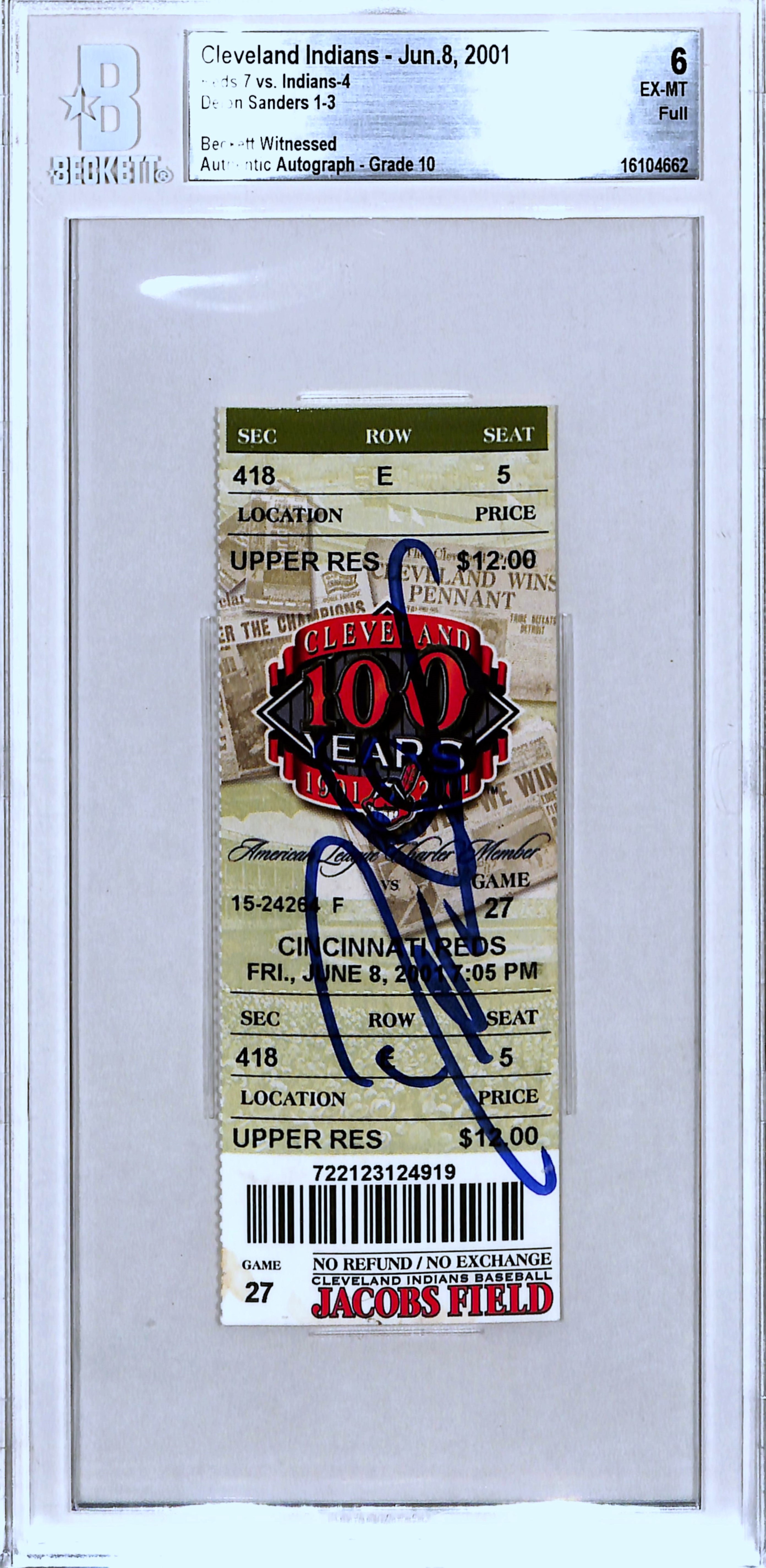 Deion Sanders Signed Cincinnati Reds Ticket Stub 06/08/01 Beckett Slab