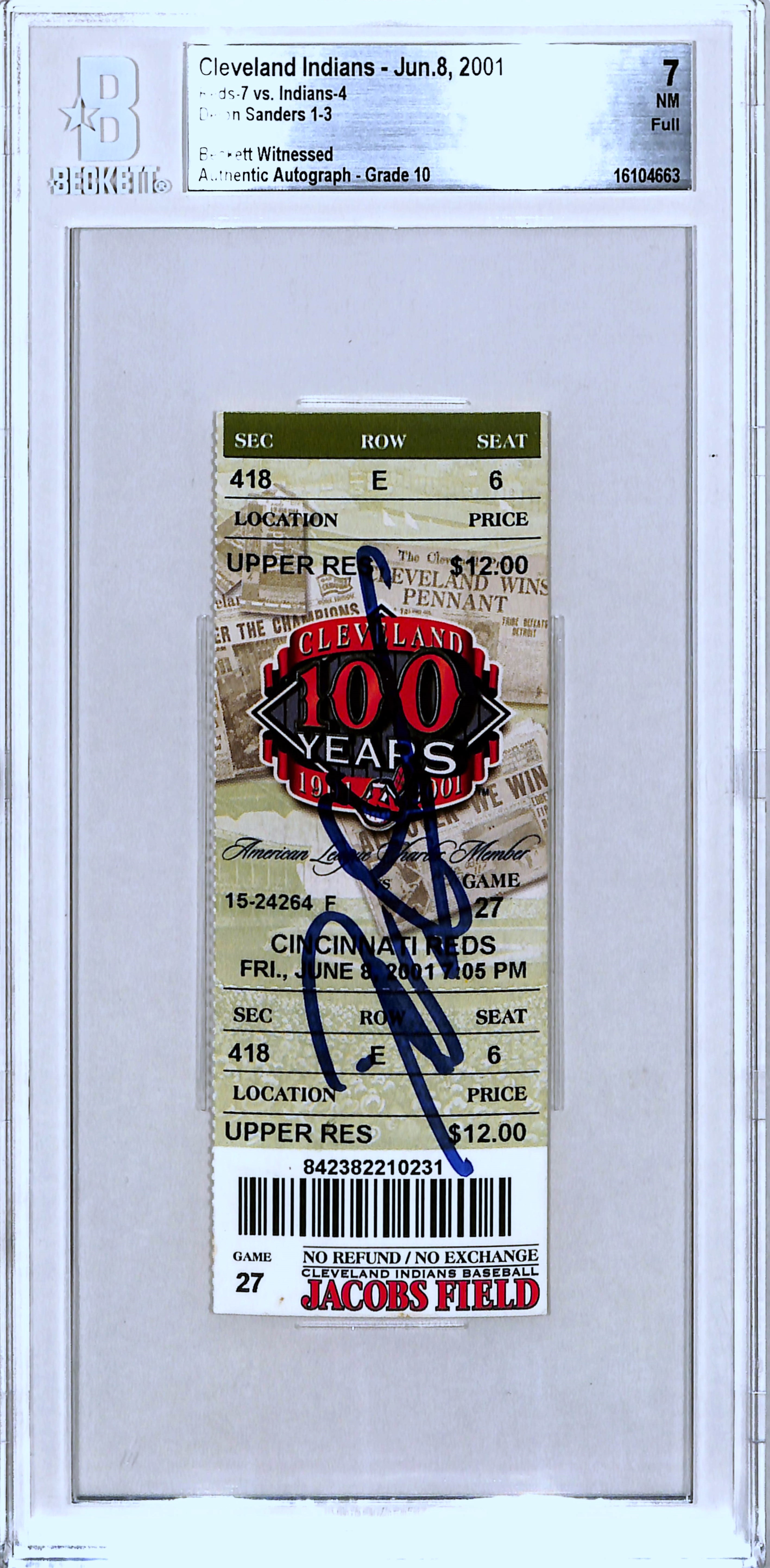 Deion Sanders Signed Cincinnati Reds Ticket Stub 06/08/01 Beckett Slab 