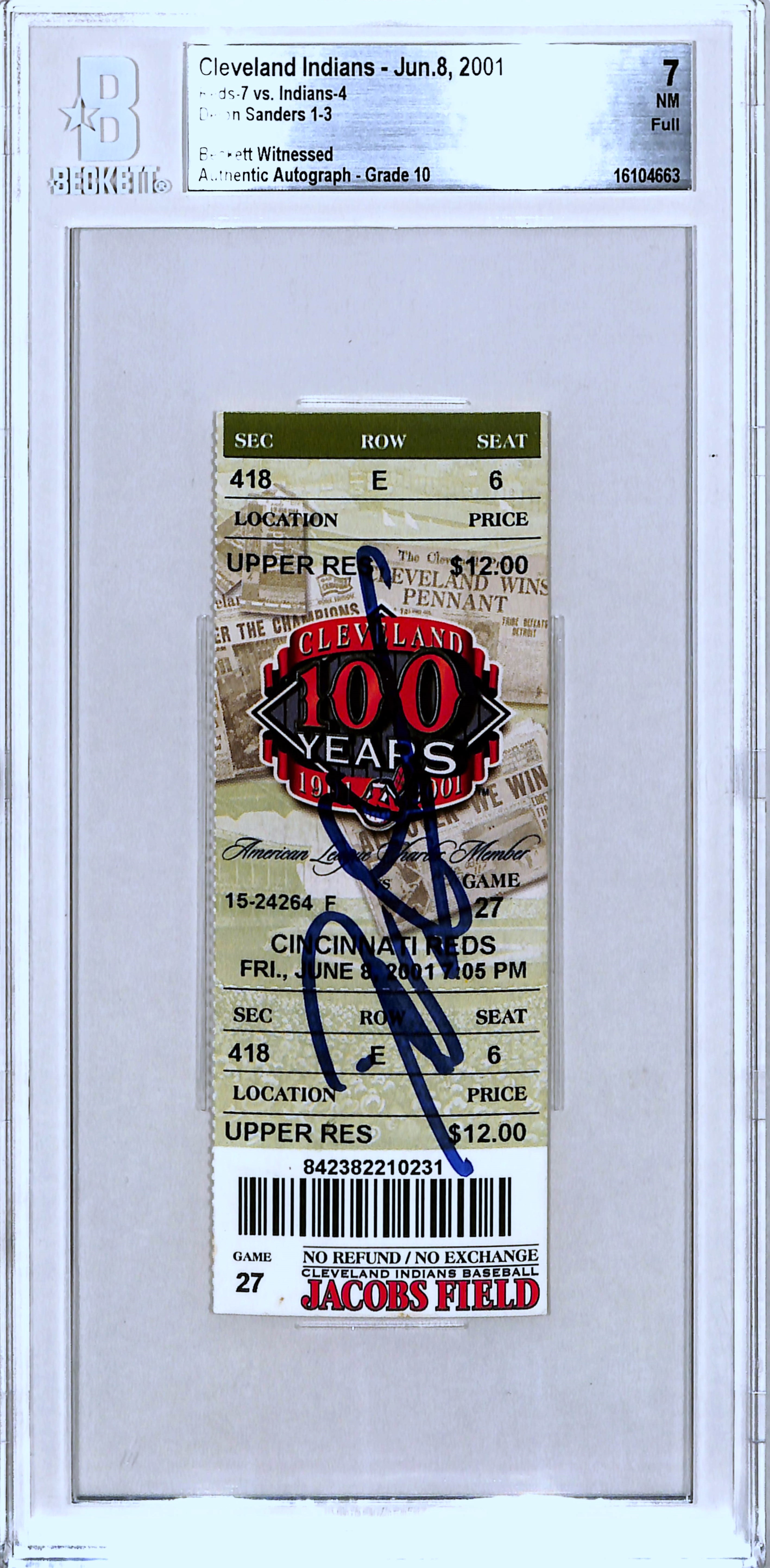 Deion Sanders Signed Cincinnati Reds Ticket Stub 06/08/01 Beckett Slab