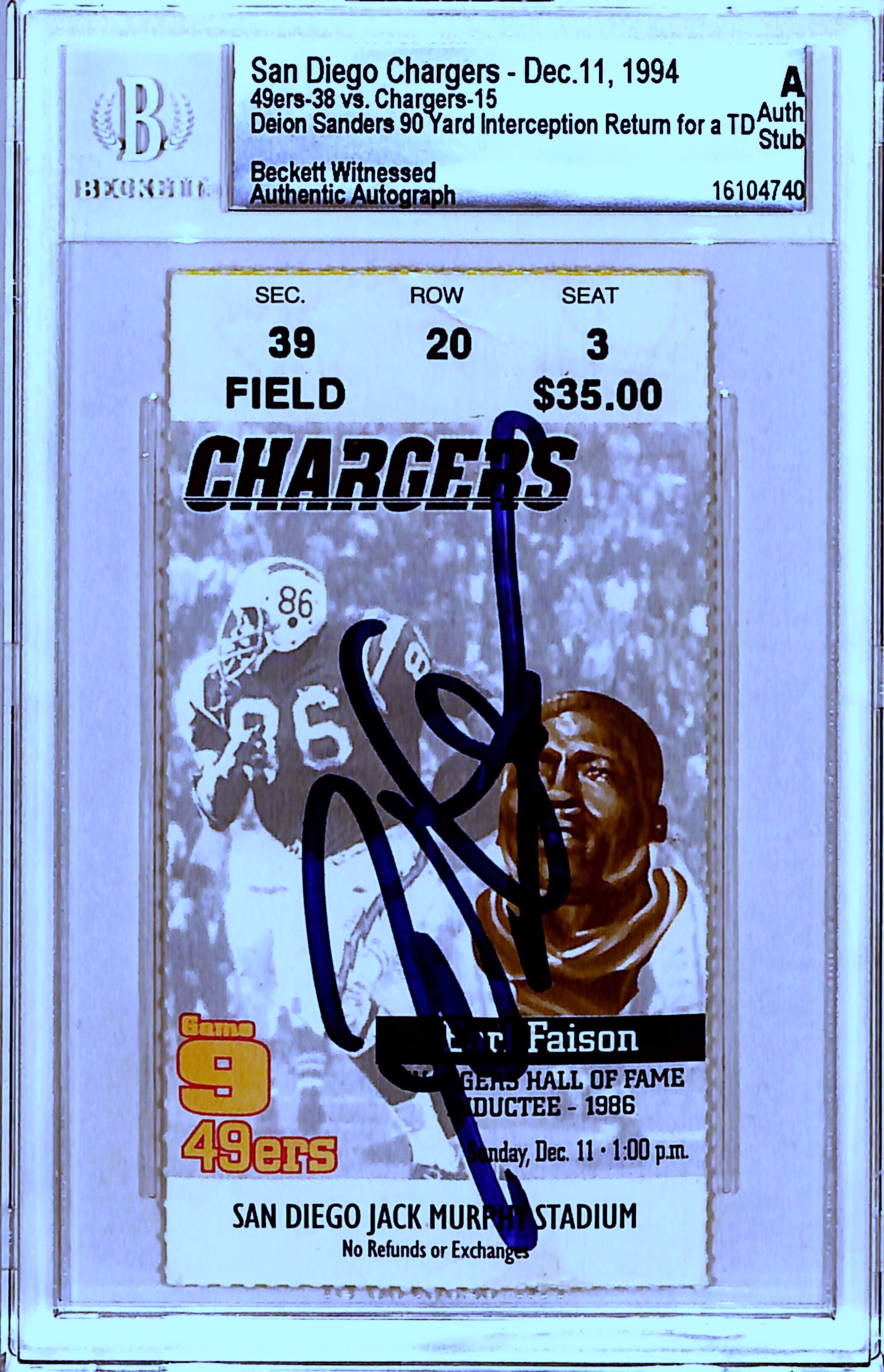 Deion Sanders Signed San Francisco 49ers Ticket Stub 12/11/94 Beckett Slab 