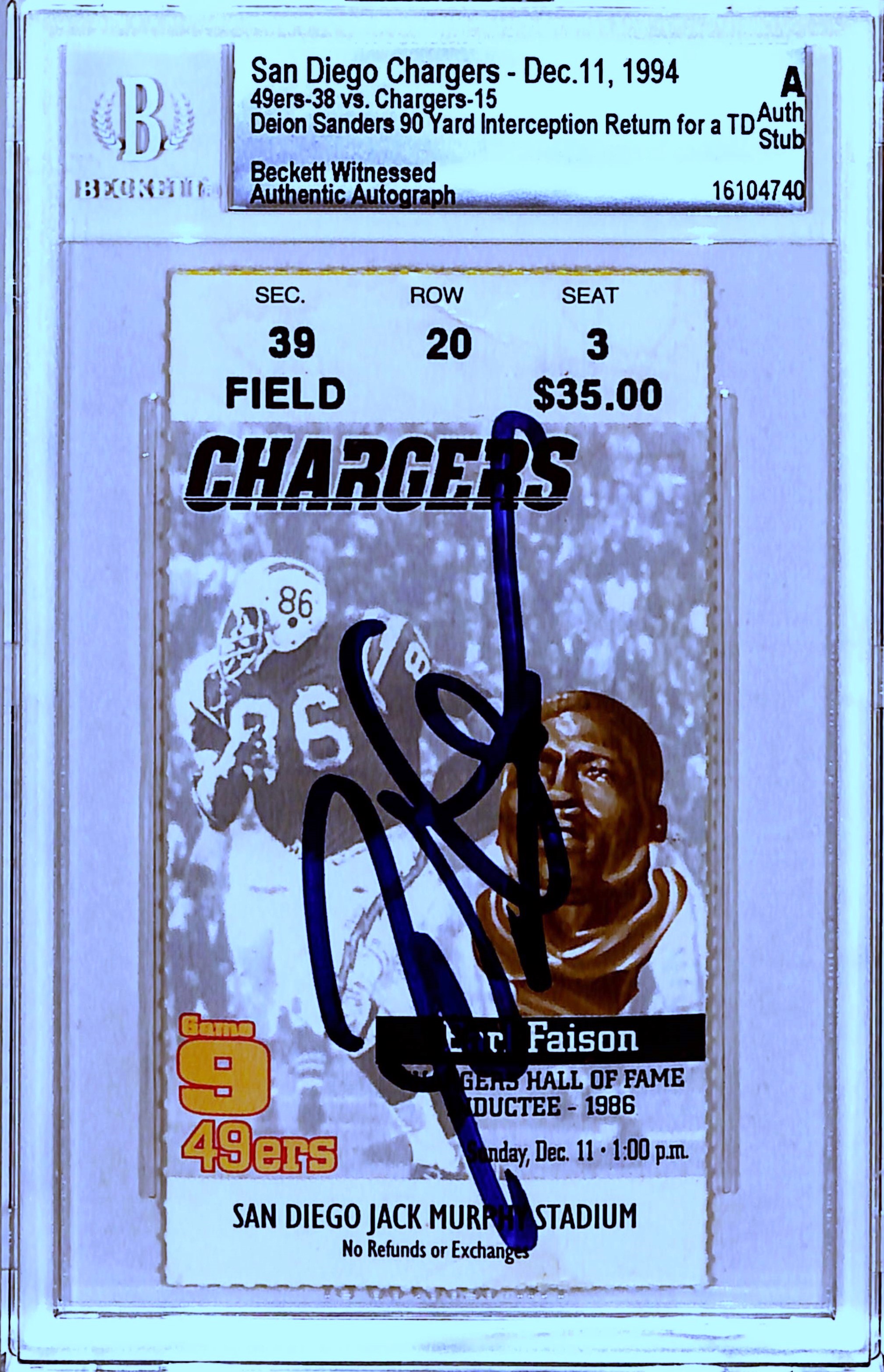 Deion Sanders Signed San Francisco 49ers Ticket Stub 12/11/94 Beckett Slab