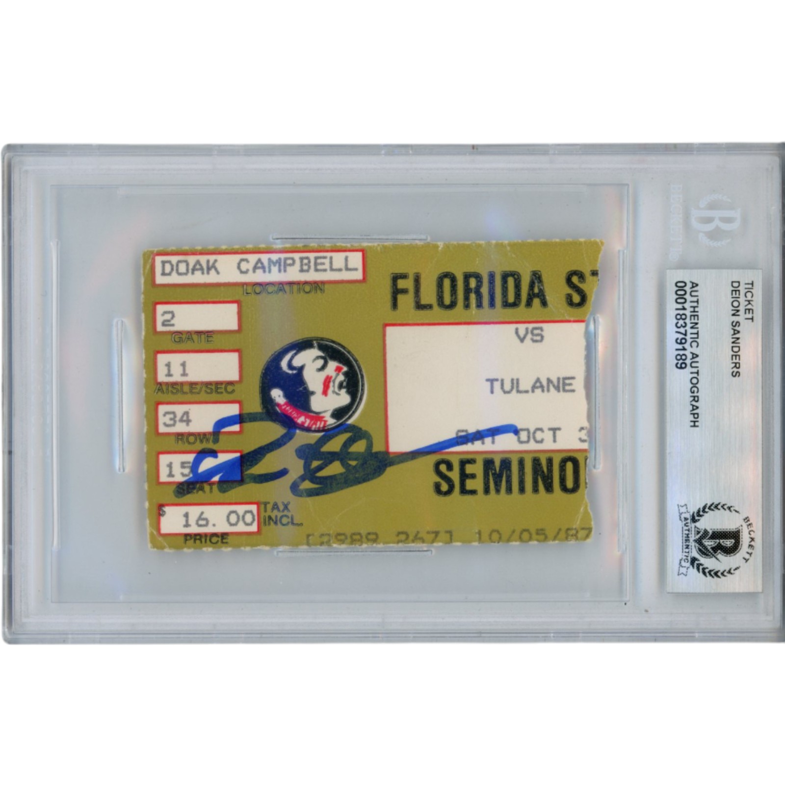 Deion Sanders Autographed Florida State Seminoles 1987 Ticket Beckett 53102