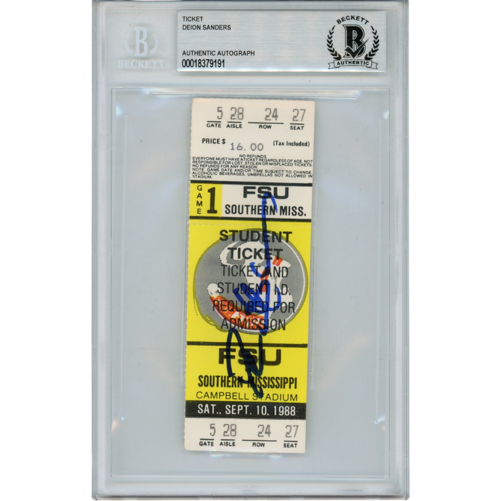 Deion Sanders Autographed Florida State Seminoles 1988 Ticket Beckett 53104 1 Deion Sanders Autographed Florida State Seminoles 1988 Ticket Beckett 53104