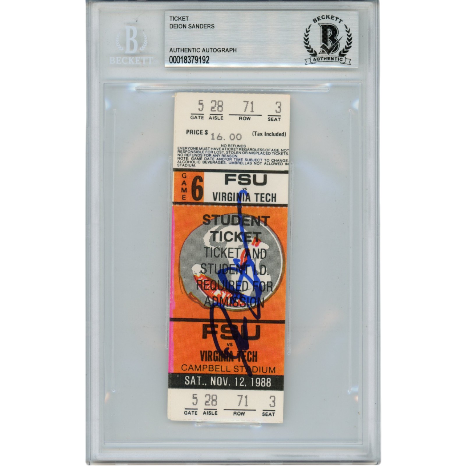Deion Sanders Autographed Florida State Seminoles 1988 Ticket Beckett 53103
