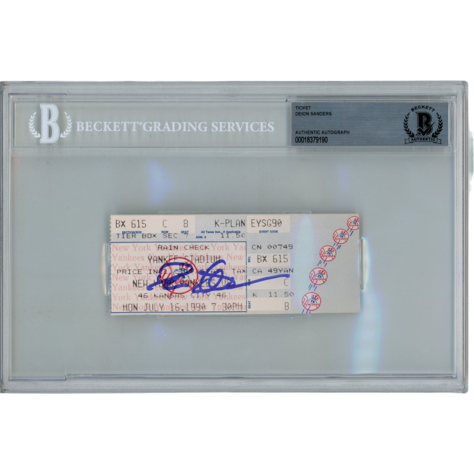 Deion Sanders Autographed New York Yankees 1990 Ticket Stub Slab Beckett 53105 1 Deion Sanders Autographed New York Yankees 1990 Ticket Stub Slab Beckett 53105