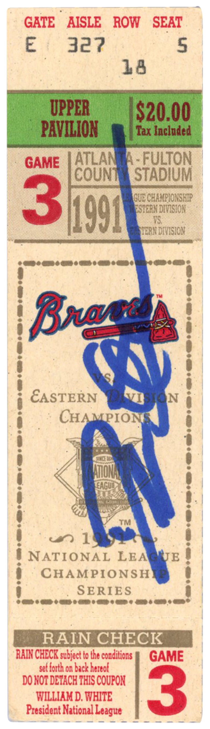 Deion Sanders Autographed Atlanta Braves 1991 NLCS Game 3 Ticket BAS
