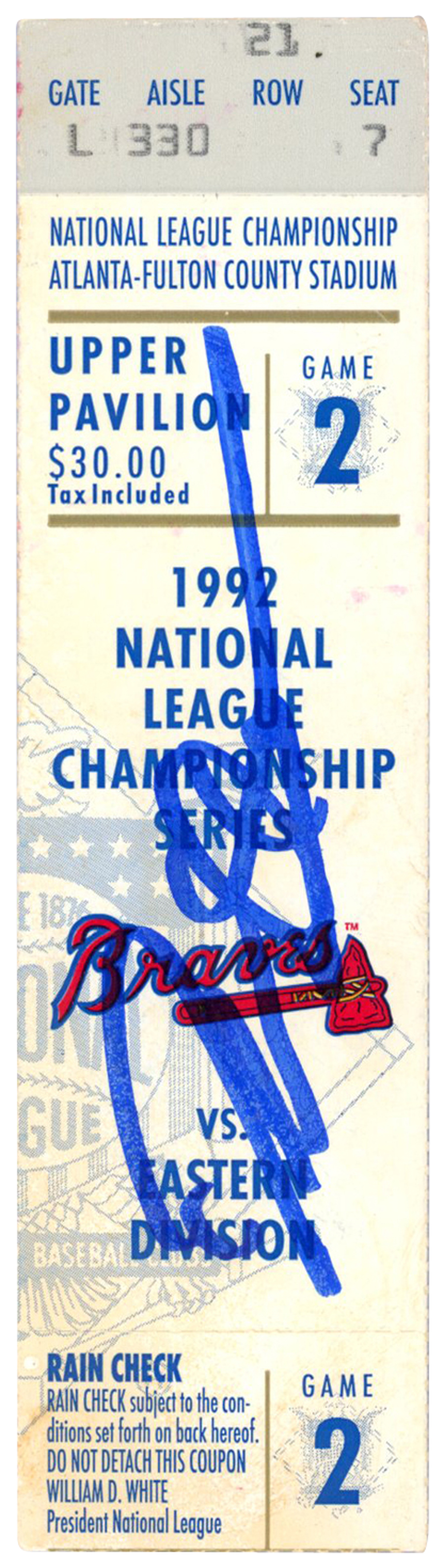 Deion Sanders Autographed Atlanta Braves 1992 NLCS Game 2 Ticket BAS