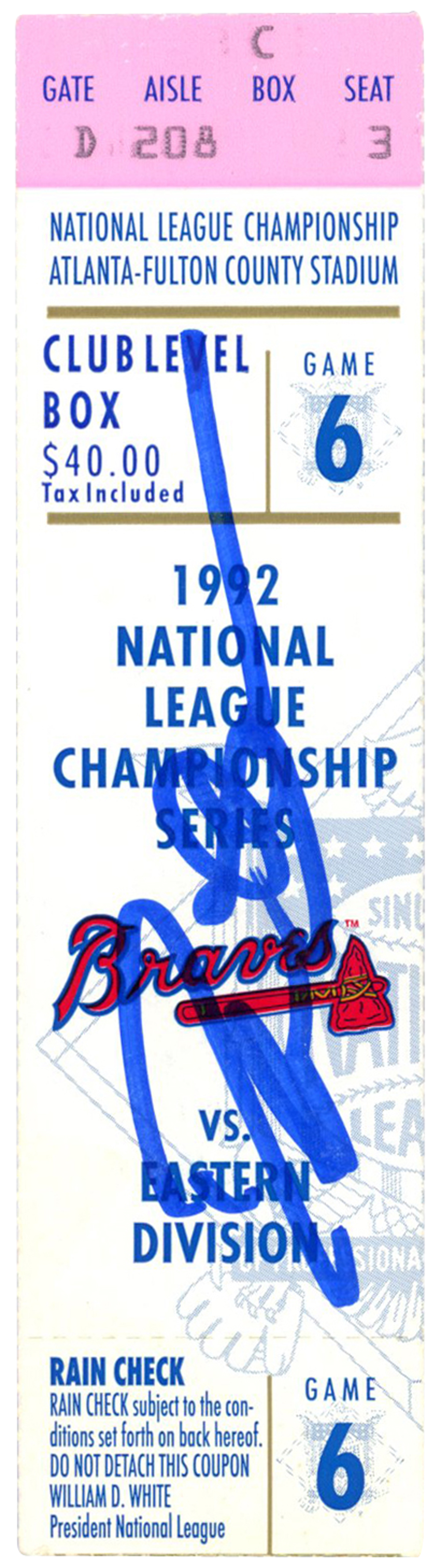 Deion Sanders Autographed Atlanta Braves 1992 NLCS Game 6 Ticket BAS