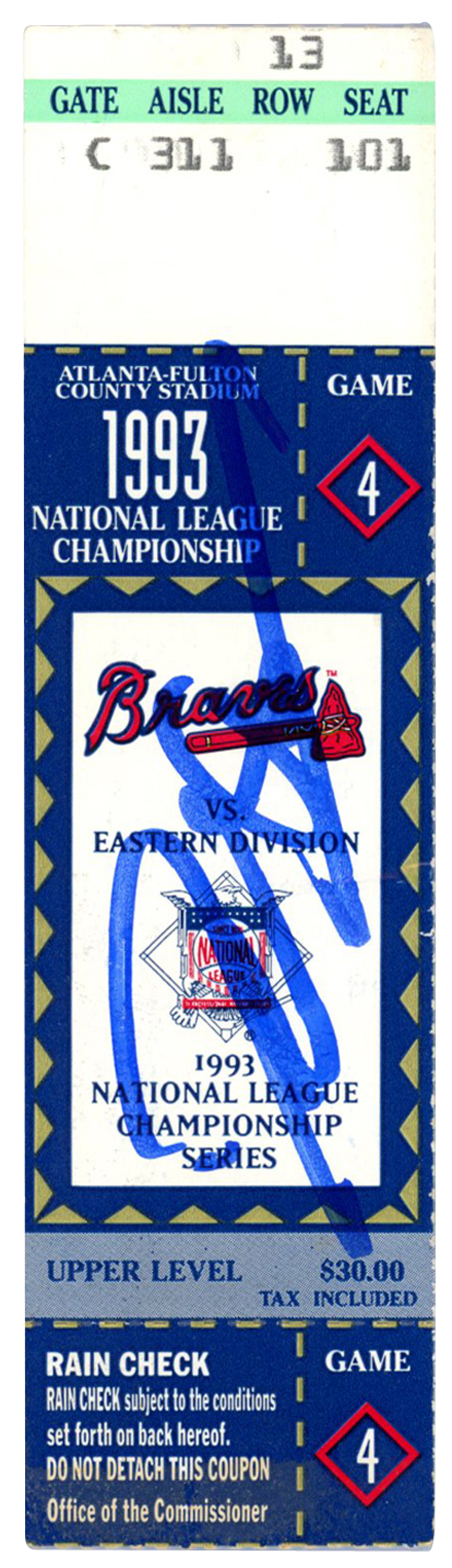Deion Sanders Autographed Atlanta Braves 1993 NLCS Game 4 Ticket BAS