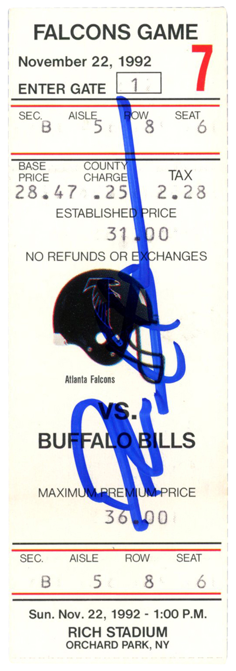 Deion Sanders Autographed Atlanta Falcons 11/22/1992 vs Bills Ticket BAS