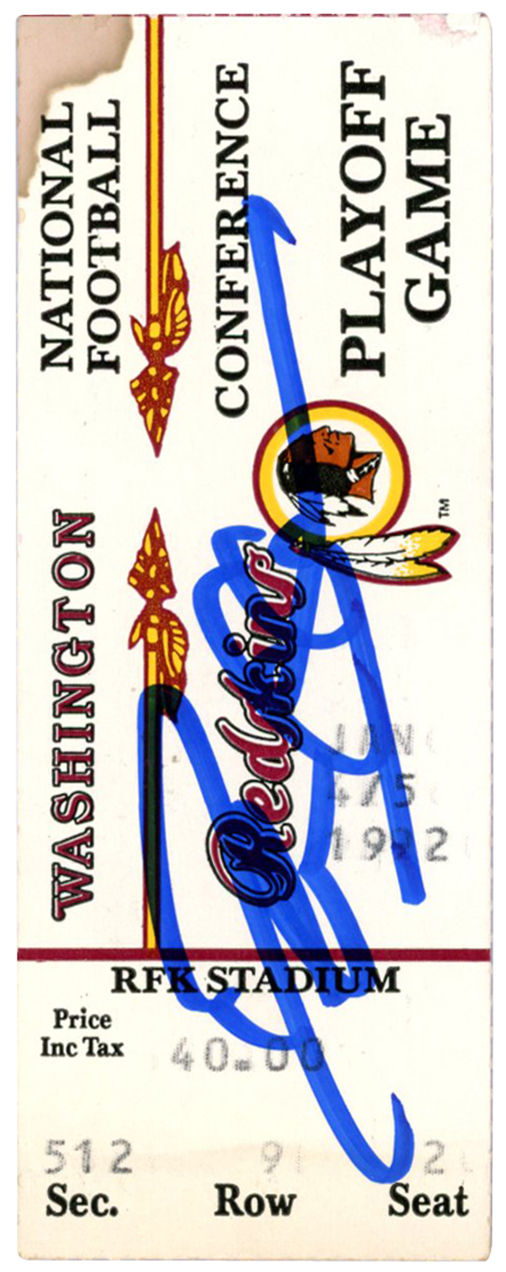 Deion Sanders Signed Atlanta Falcons 1/4/1992 @ Redskins Ticket BAS