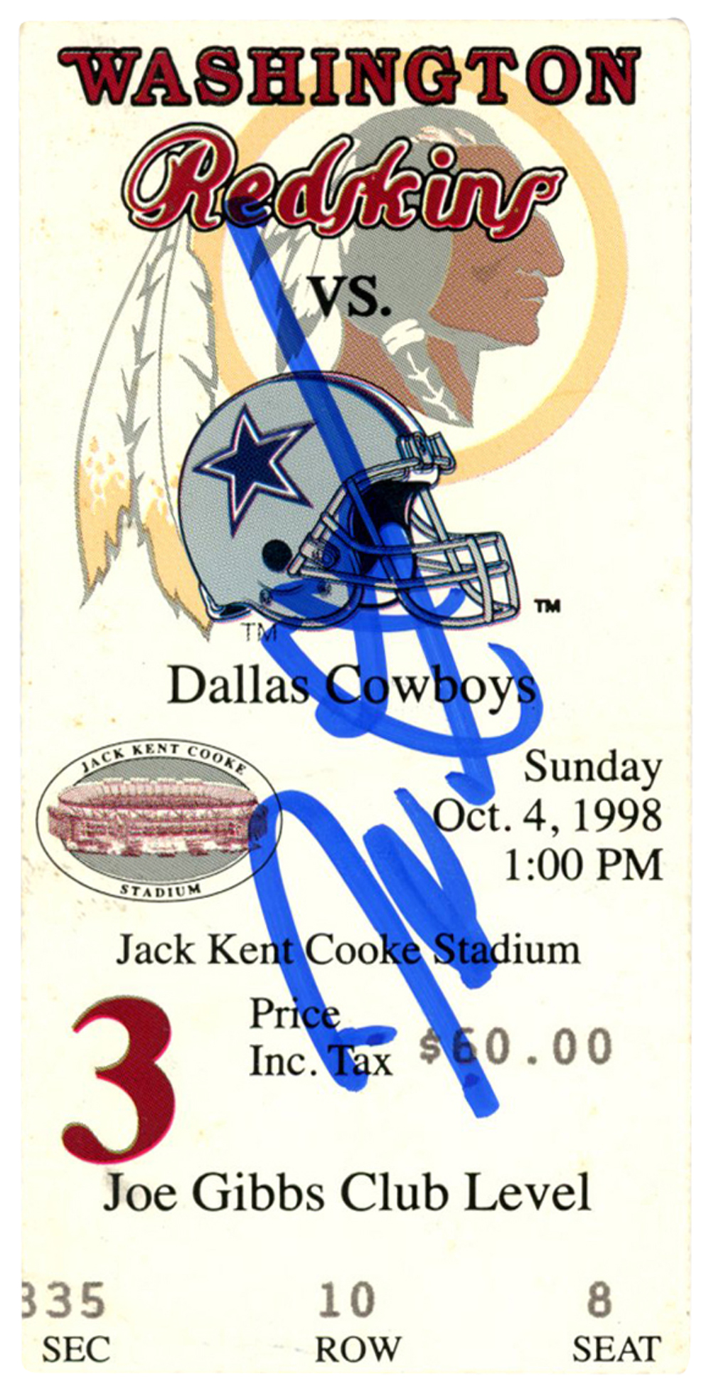 Deion Sanders Signed Dallas Cowboys 10/4/1998 @ Redskins Ticket BAS