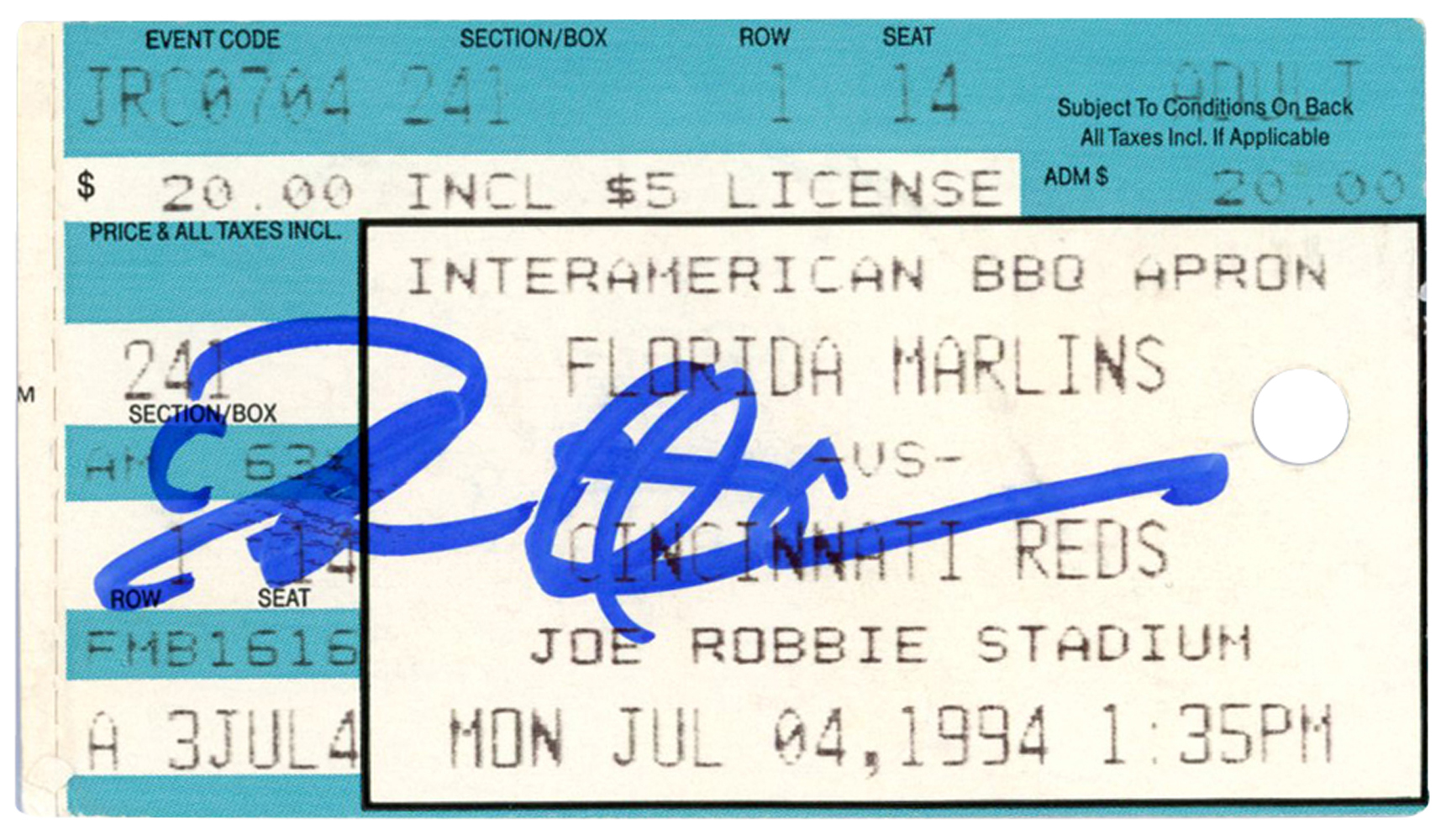 Deion Sanders Signed Cincinnati Reds 7/4/1994 @ Marlins Ticket BAS