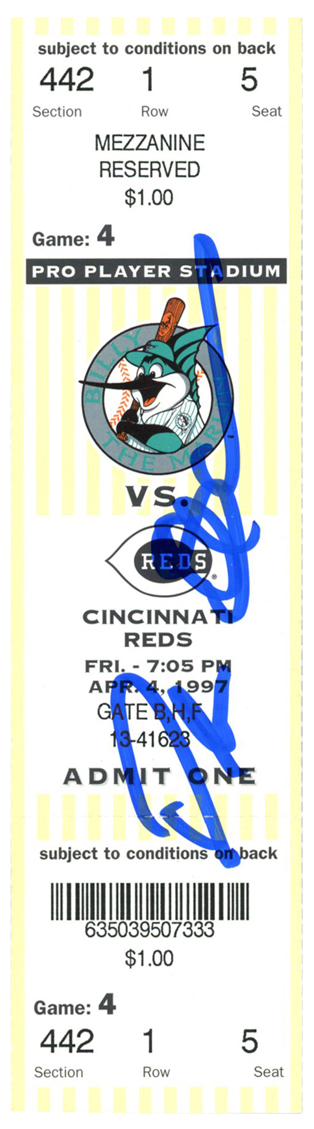 Deion Sanders Signed Cincinnati Reds 4/4/1997 @ Marlins Ticket BAS
