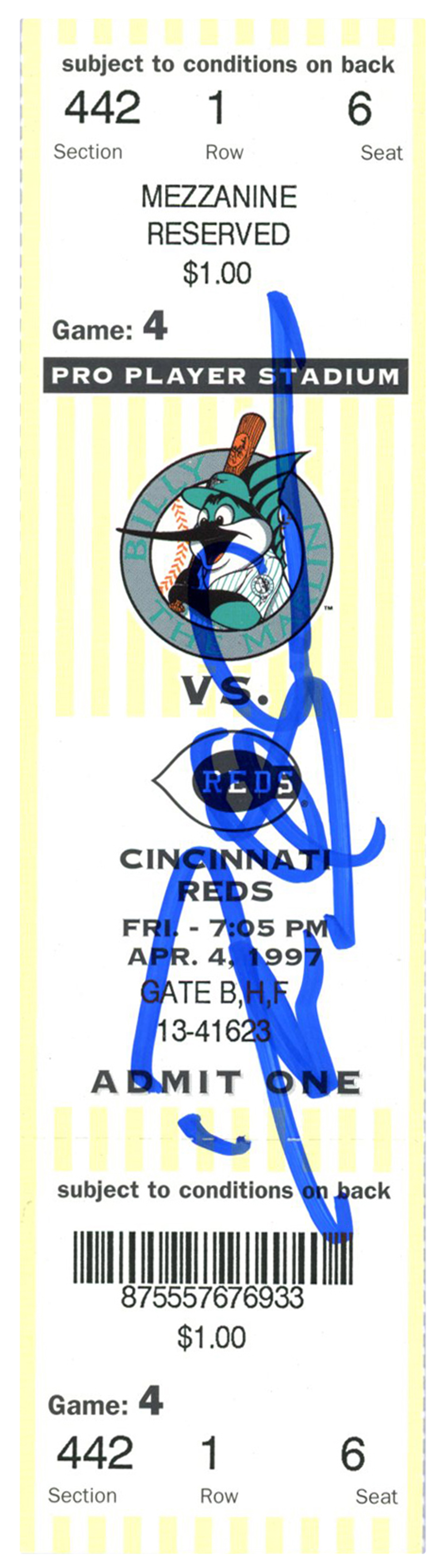 Deion Sanders Signed Cincinnati Reds 4/4/1997 @ Marlins Ticket BAS