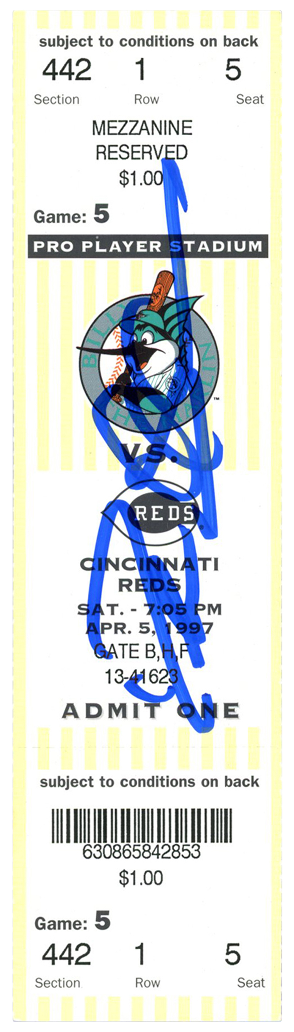 Deion Sanders Signed Cincinnati Reds 4/5/1997 @ Marlins Ticket BAS