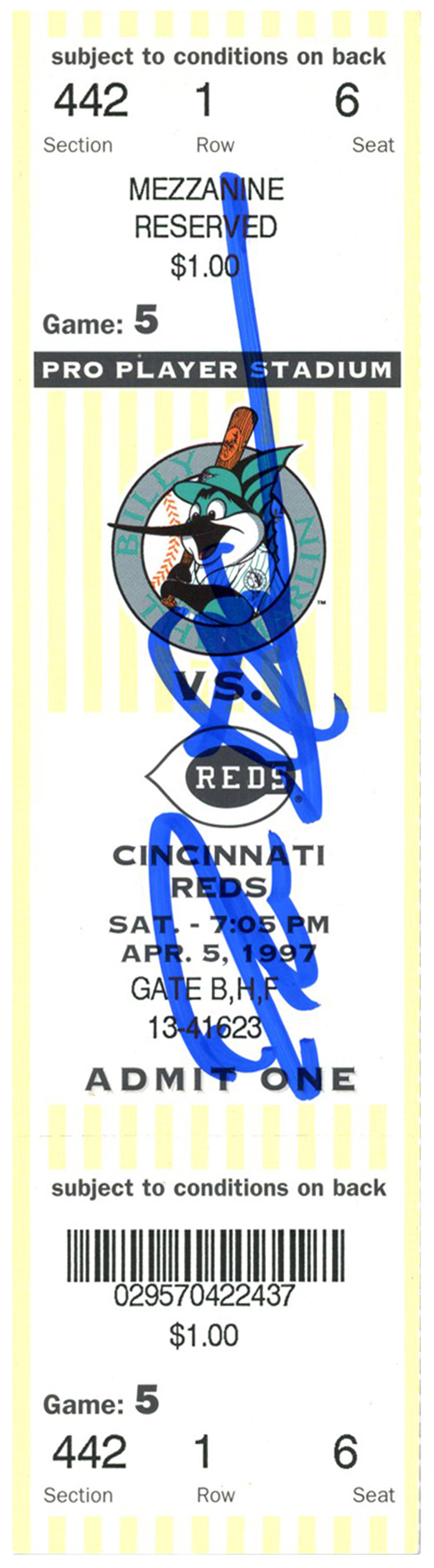 Deion Sanders Signed Cincinnati Reds 4/5/1997 @ Marlins Ticket BAS