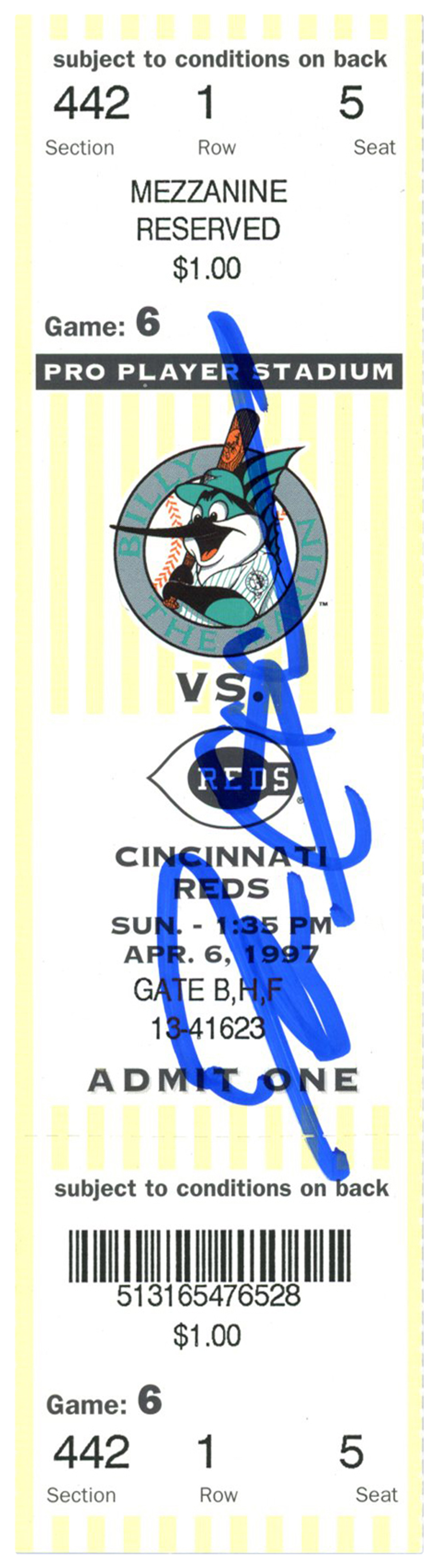 Deion Sanders Signed Cincinnati Reds 4/6/1997 @ Marlins Ticket BAS