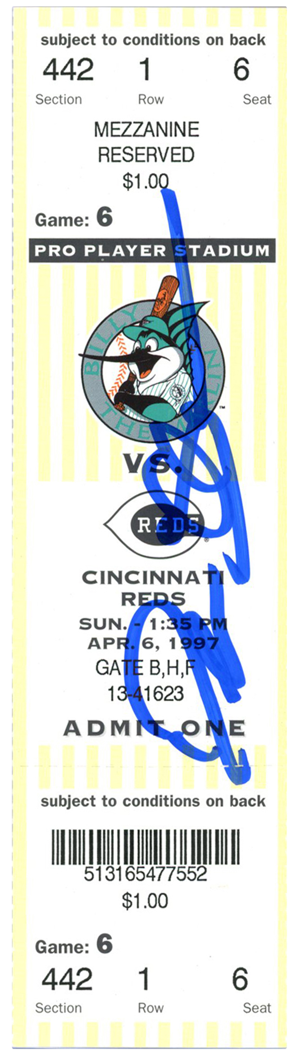 Deion Sanders Signed Cincinnati Reds 4/6/1997 @ Marlins Ticket BAS