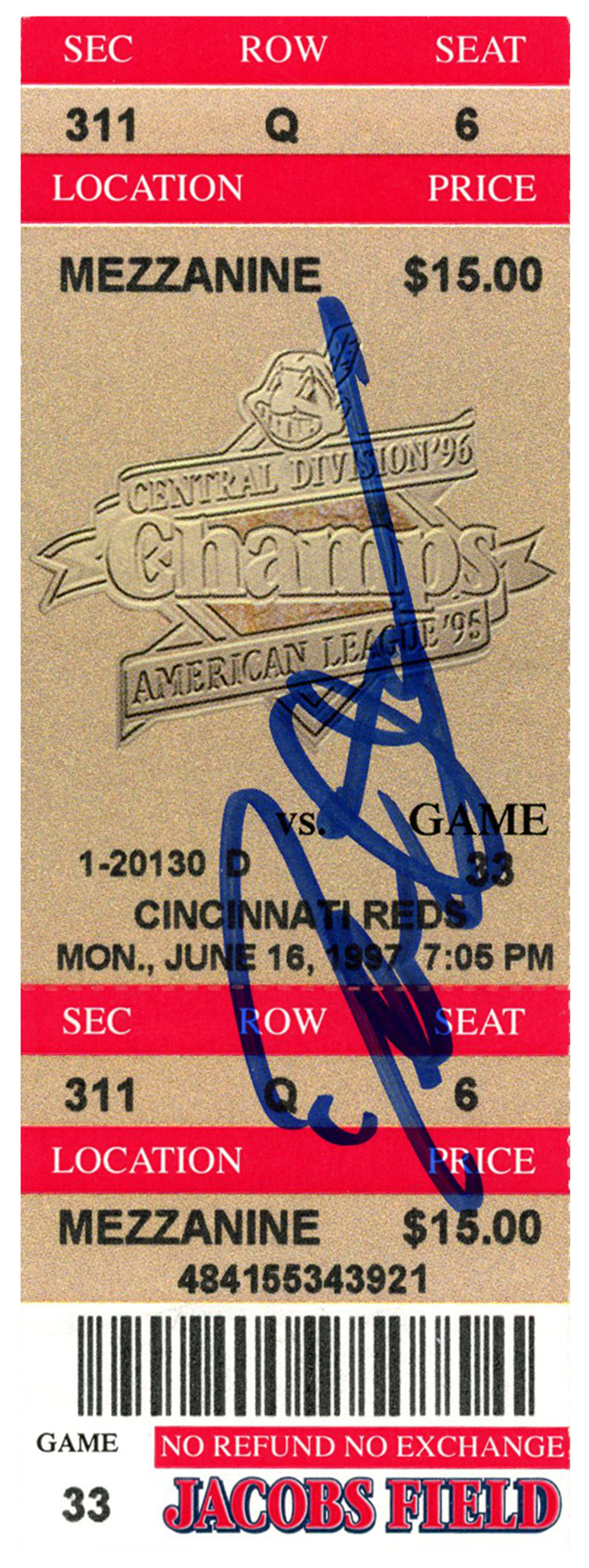 Deion Sanders Signed Cincinnati Reds 6/16/1997 @ Indians Ticket BAS