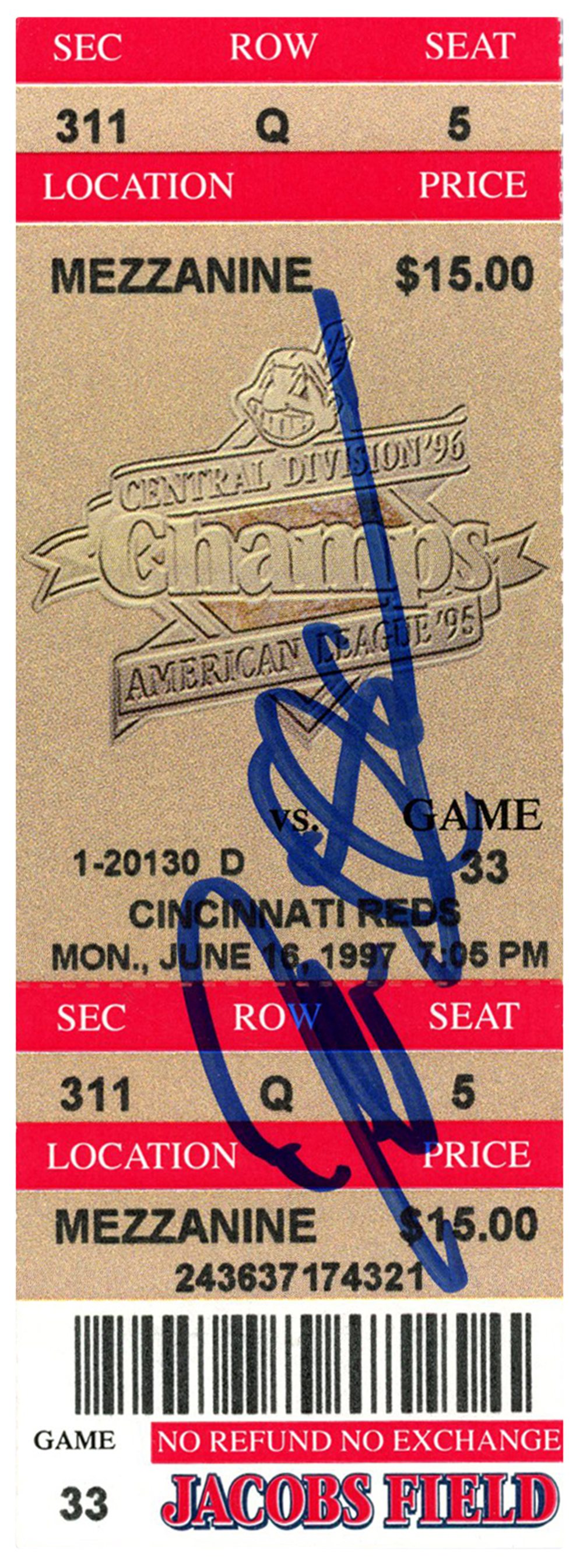 Deion Sanders Signed Cincinnati Reds 6/16/1997 @ Indians Ticket BAS