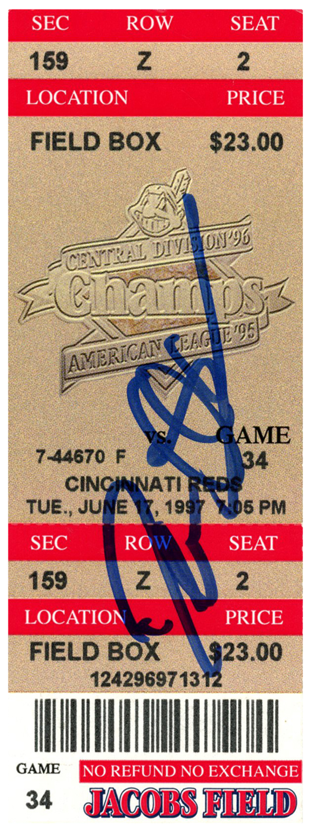 Deion Sanders Signed Cincinnati Reds 6/17/1997 @ Indians Ticket BAS