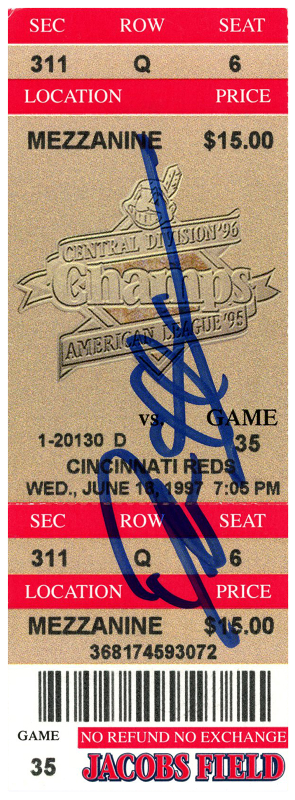 Deion Sanders Signed Cincinnati Reds 6/18/1997 @ Indians Ticket BAS