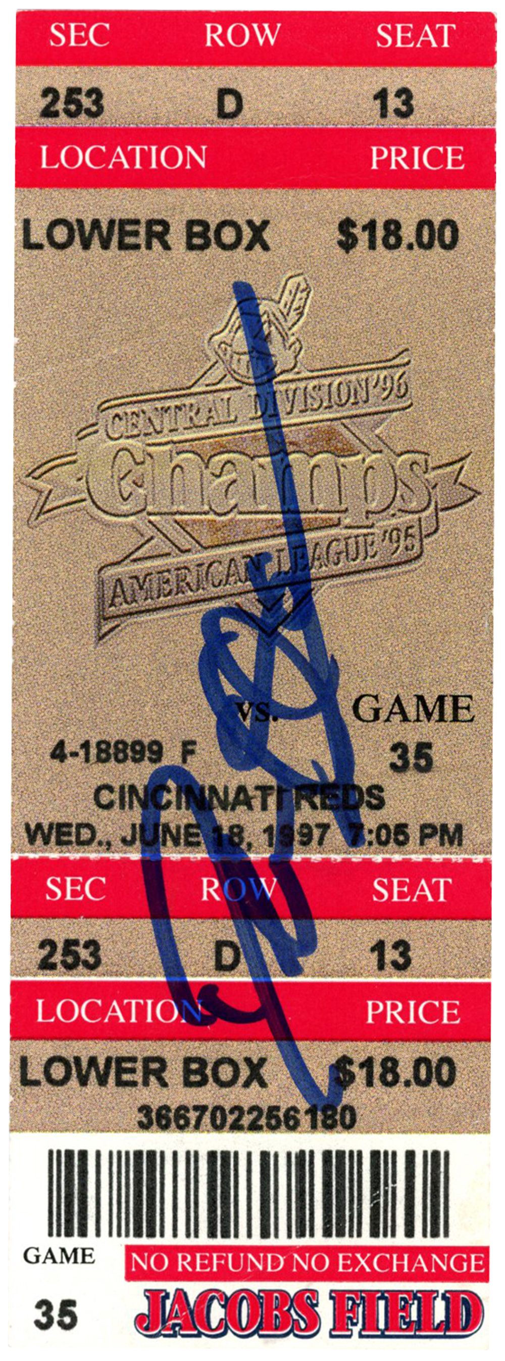 Deion Sanders Signed Cincinnati Reds 6/18/1997 @ Indians Ticket BAS