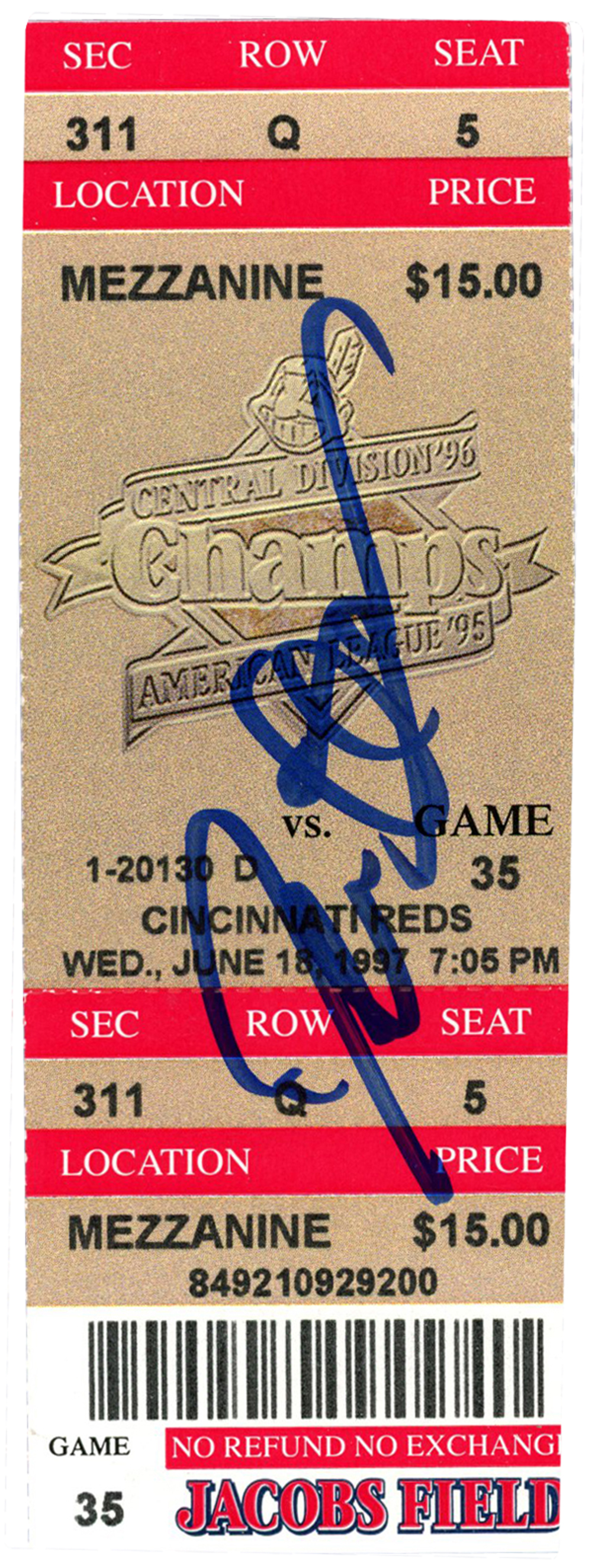 Deion Sanders Signed Cincinnati Reds 6/18/1997 @ Indians Ticket BAS