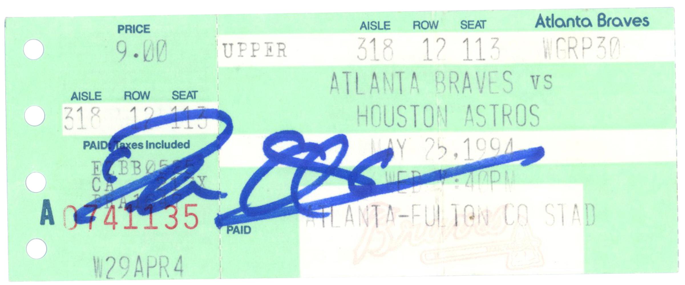 Deion Sanders Autographed Atlanta Braves 5/17/1994 vs Reds Ticket BAS