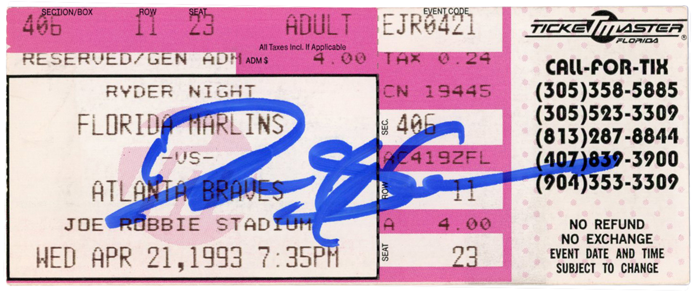 Deion Sanders Autographed Atlanta Braves 4/21/1993 @ Marlins Ticket BAS