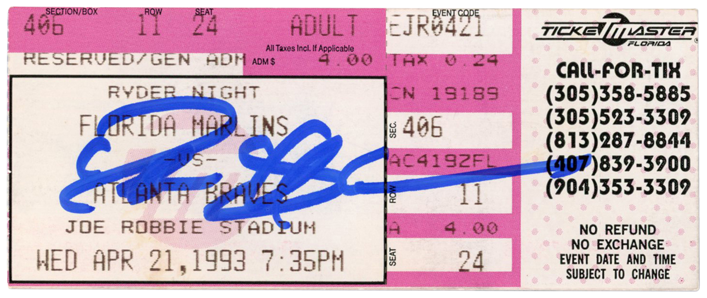 Deion Sanders Autographed Atlanta Braves 4/21/1993 @ Marlins Ticket BAS