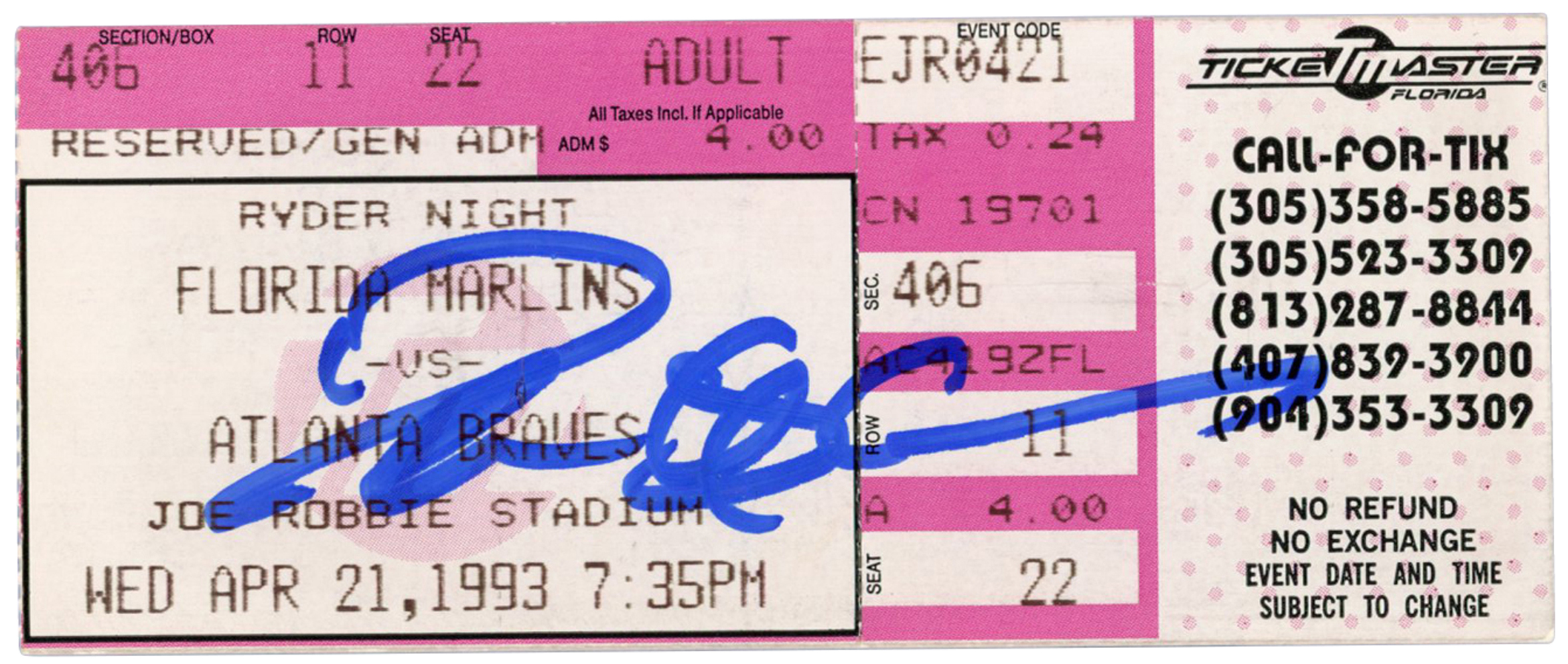 Deion Sanders Autographed Atlanta Braves 4/21/1993 @ Marlins Ticket BAS