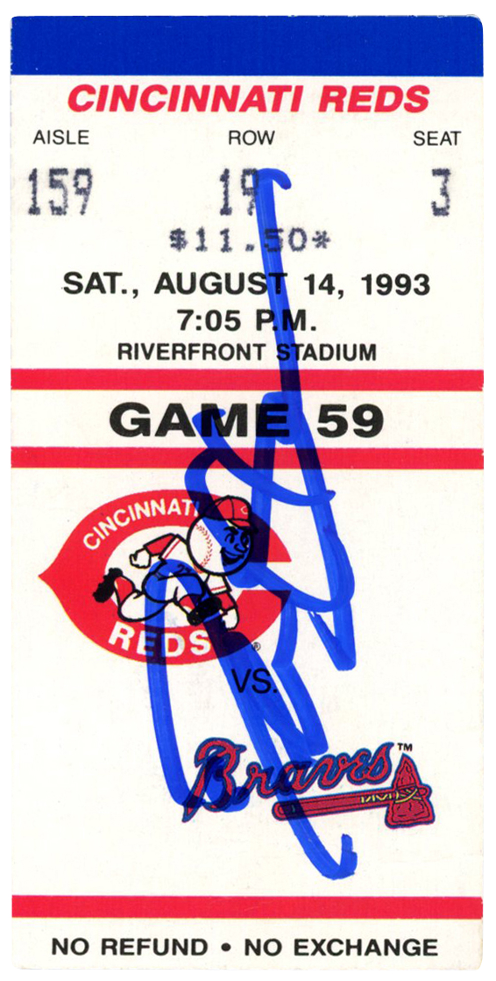 Deion Sanders Autographed Atlanta Braves 8/14/1993 vs Reds Ticket BAS