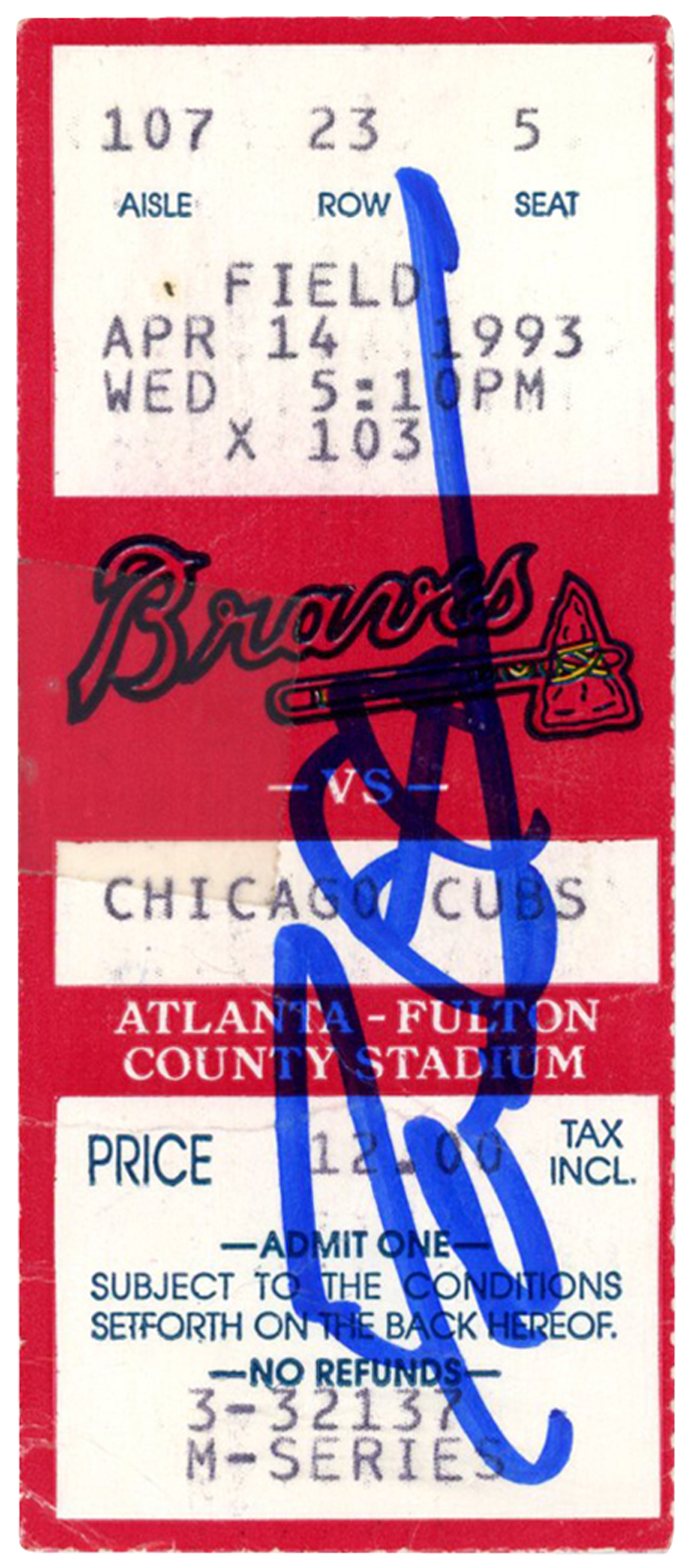 Deion Sanders Autographed Atlanta Braves 4/14/1993 vs Cubs Ticket BAS