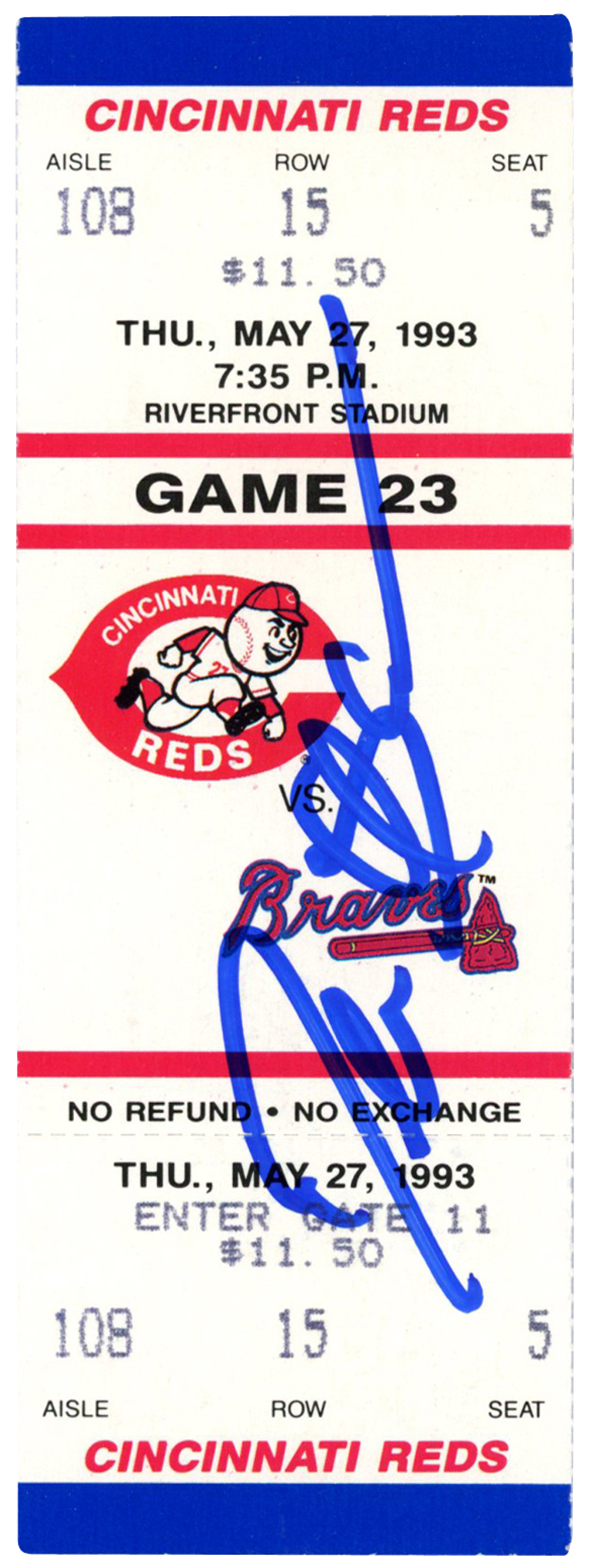 Deion Sanders Autographed Atlanta Braves 5/27/1993 vs Reds Ticket BAS