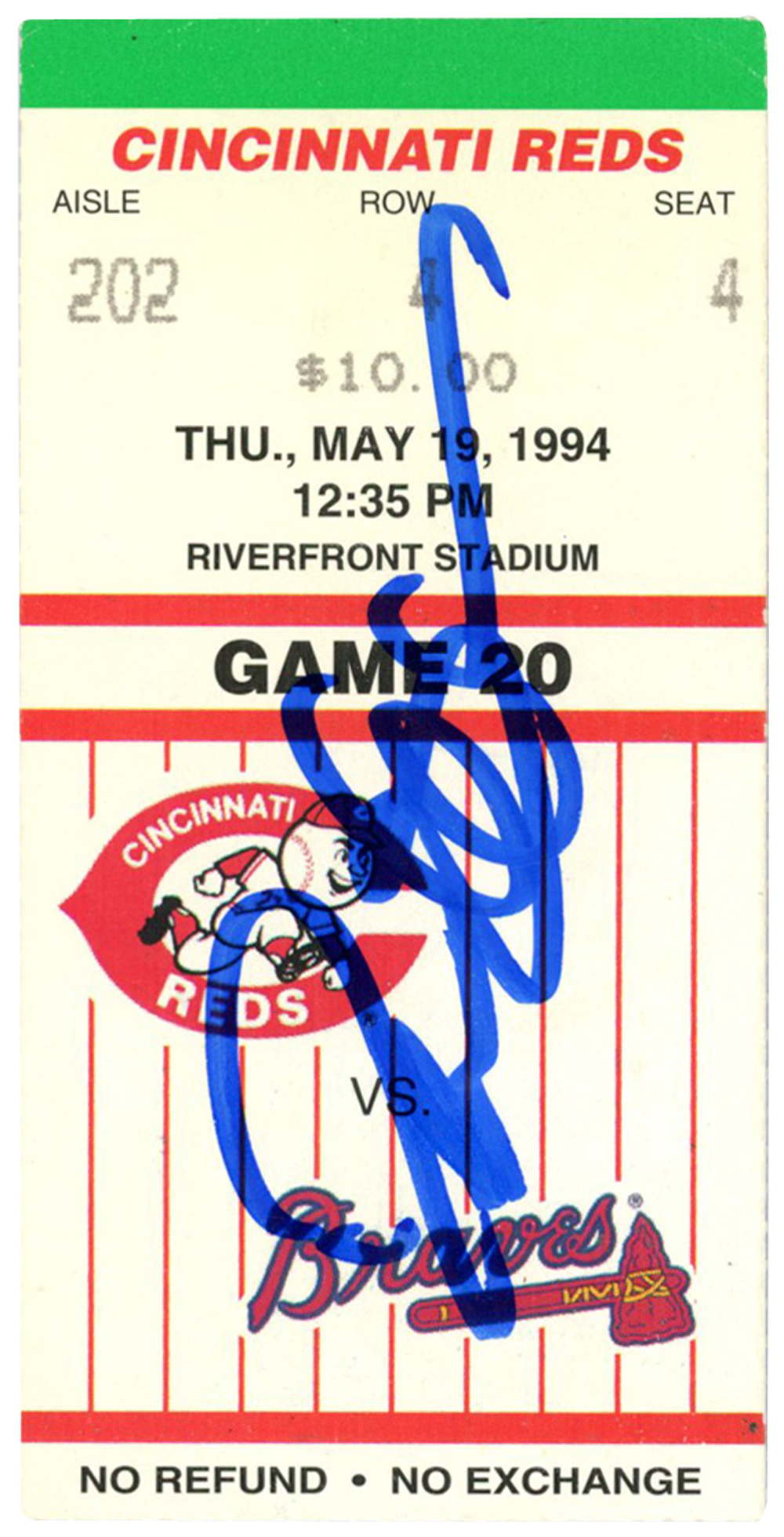 Deion Sanders Autographed Atlanta Braves 5/19/1994 vs Reds Ticket BAS