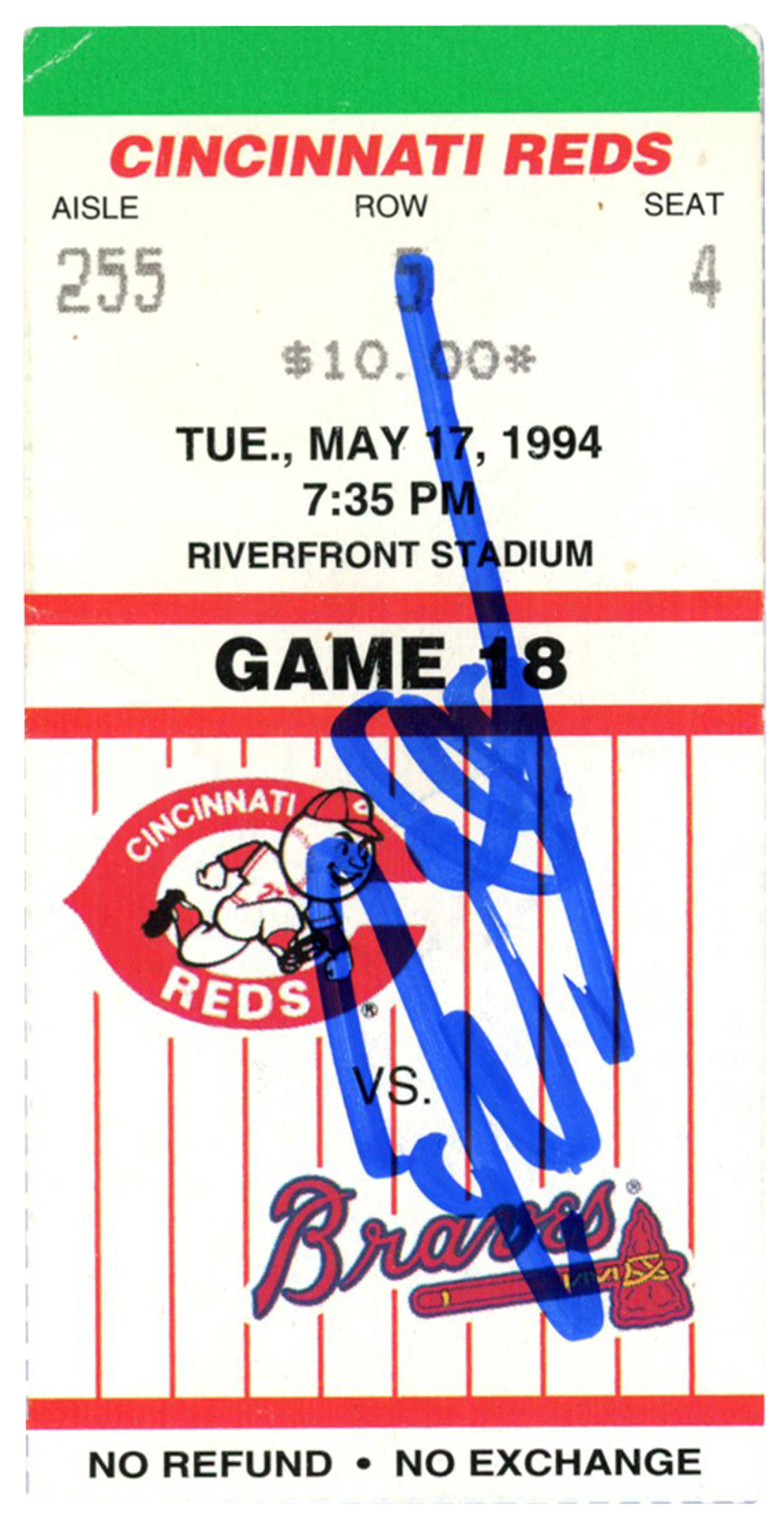 Deion Sanders Autographed Atlanta Braves 5/17/1994 vs Reds Ticket BAS