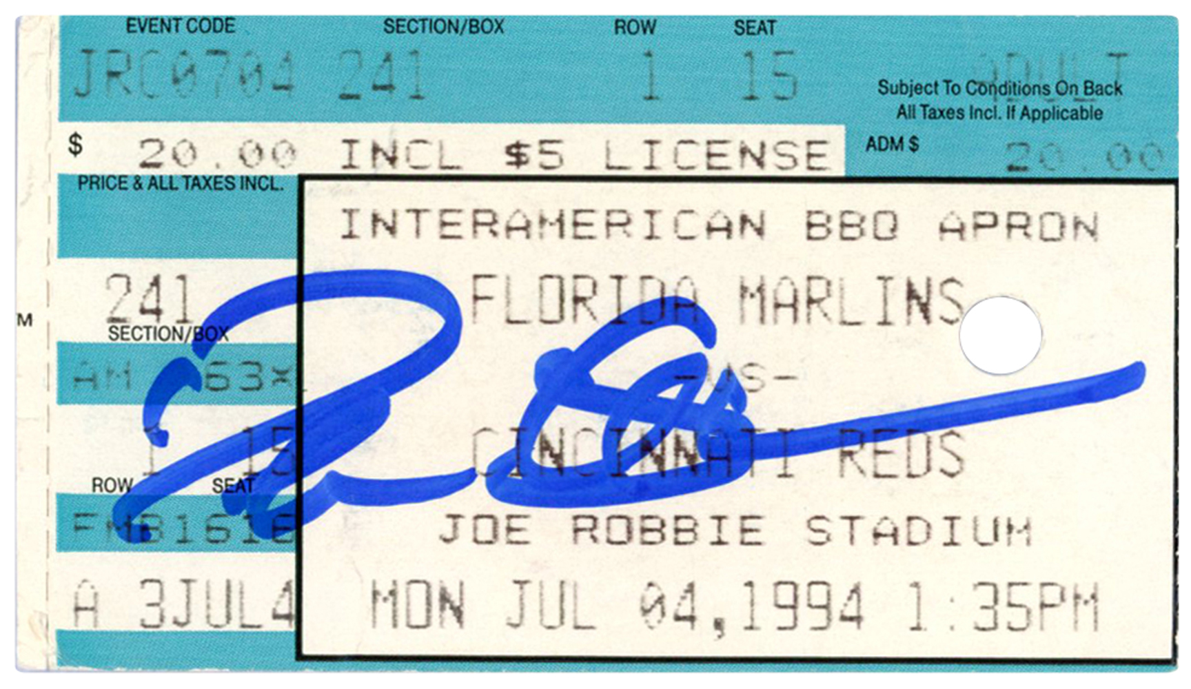 Deion Sanders Signed Cincinnati Reds 7/4/1994 @ Marlins Ticket BAS